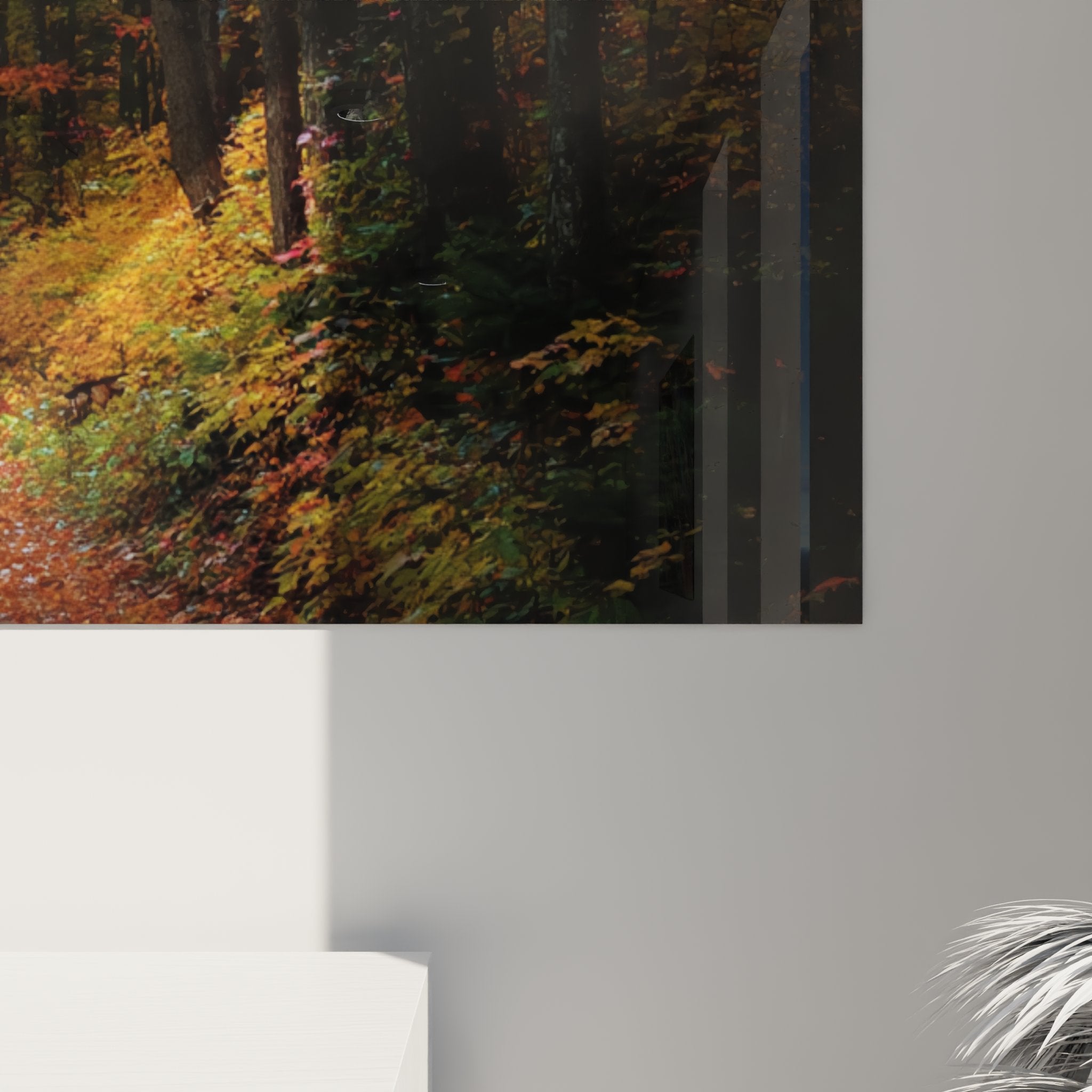 Overview of mountain bike cyclist autumn wall art in modern interior, sports nature wall decor