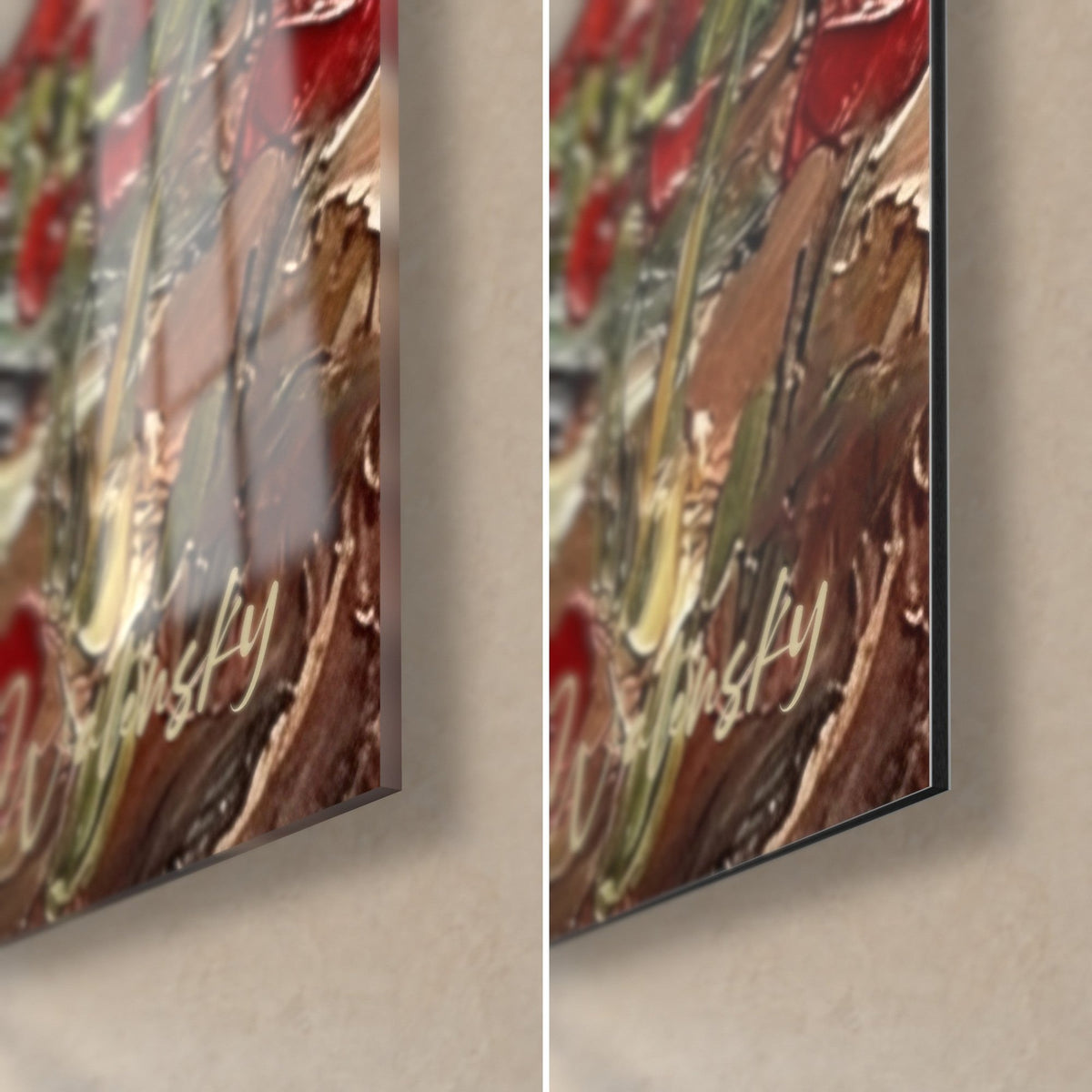 Gemälde Feld aus Mohnblumen in dickem roten und braunen Impasto, untere rechte Ecke: glänzendes Glas, das links reflektiert, mattes Dibond und 3 mm Kante rechts