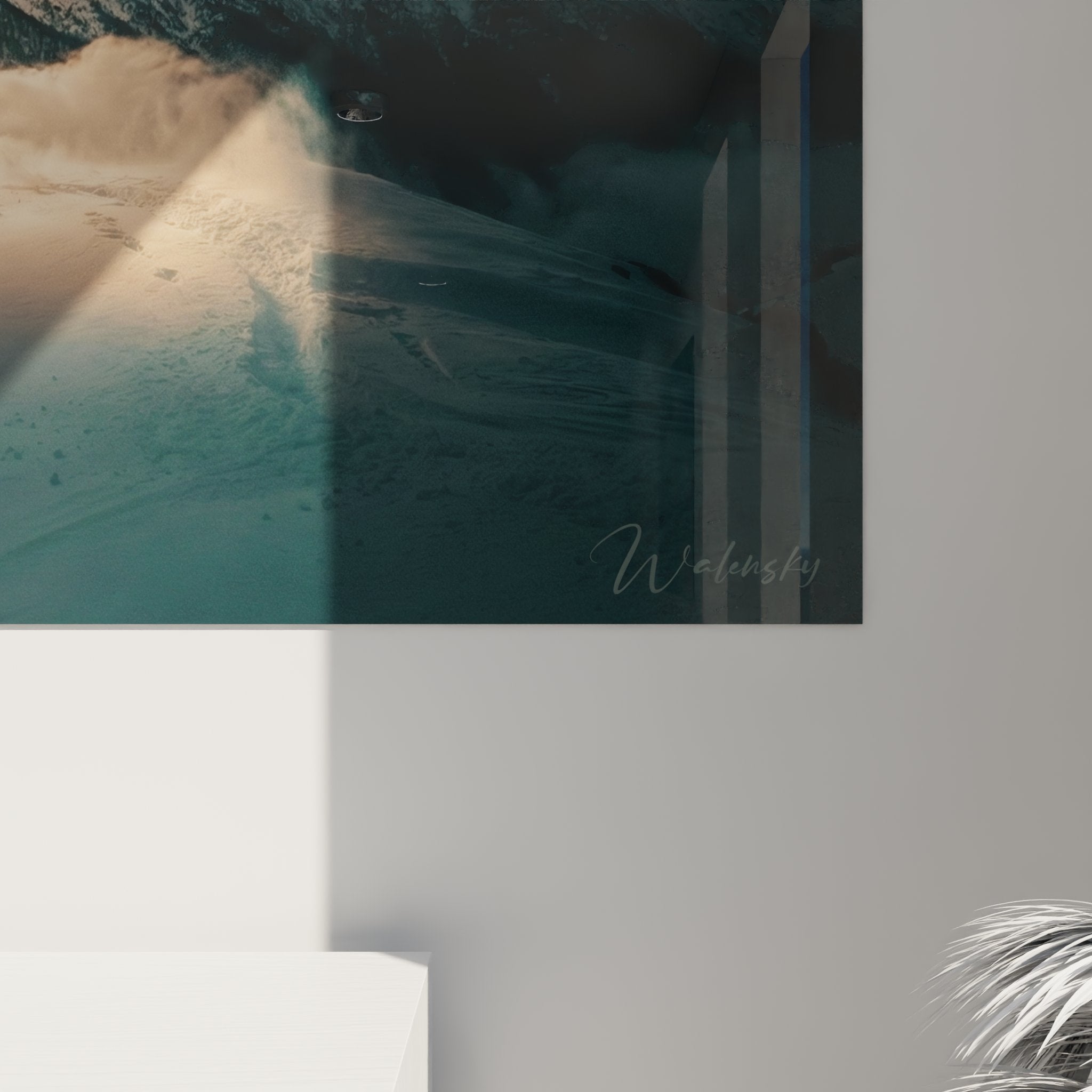 Vue d'ensemble tableau mural snowboard montagne dans intérieur contemporain avec éclairage d'ambiance