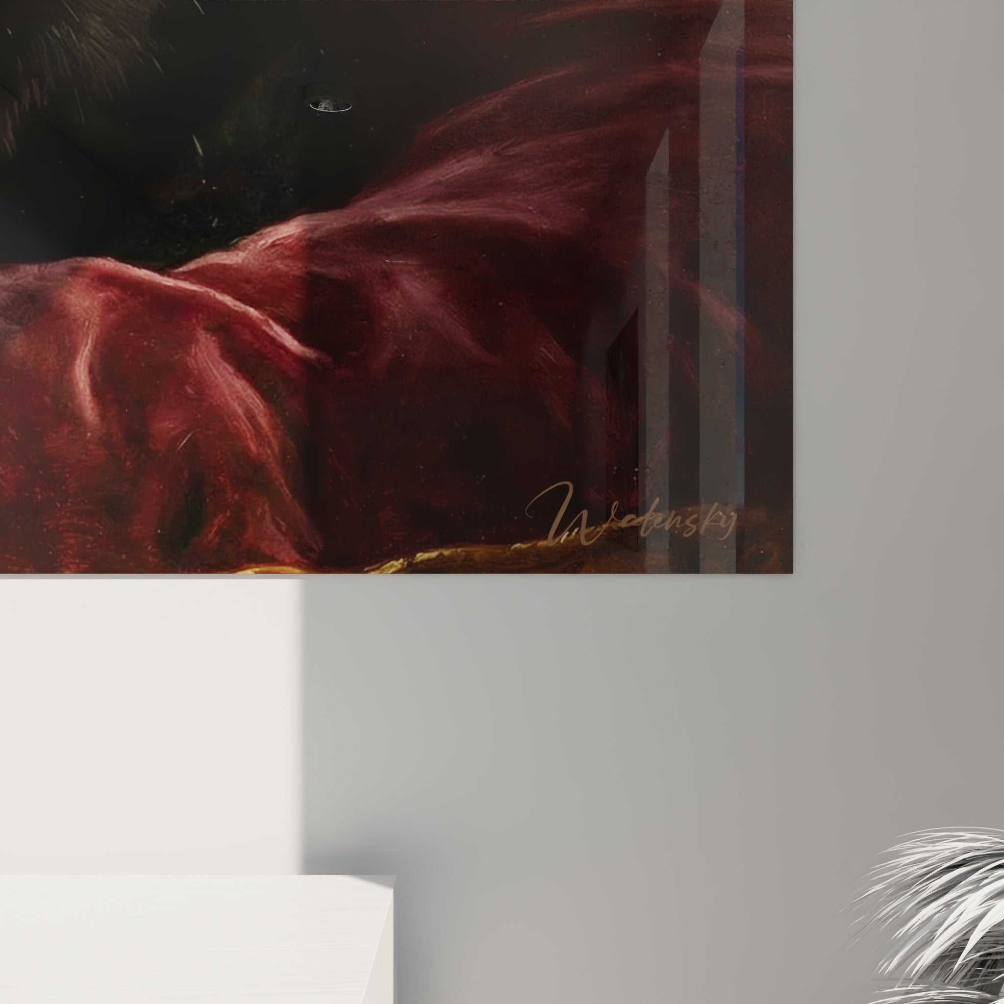 Vue ensemble tableau chat noir decoration salon velours bordeaux art mural felin style raffine