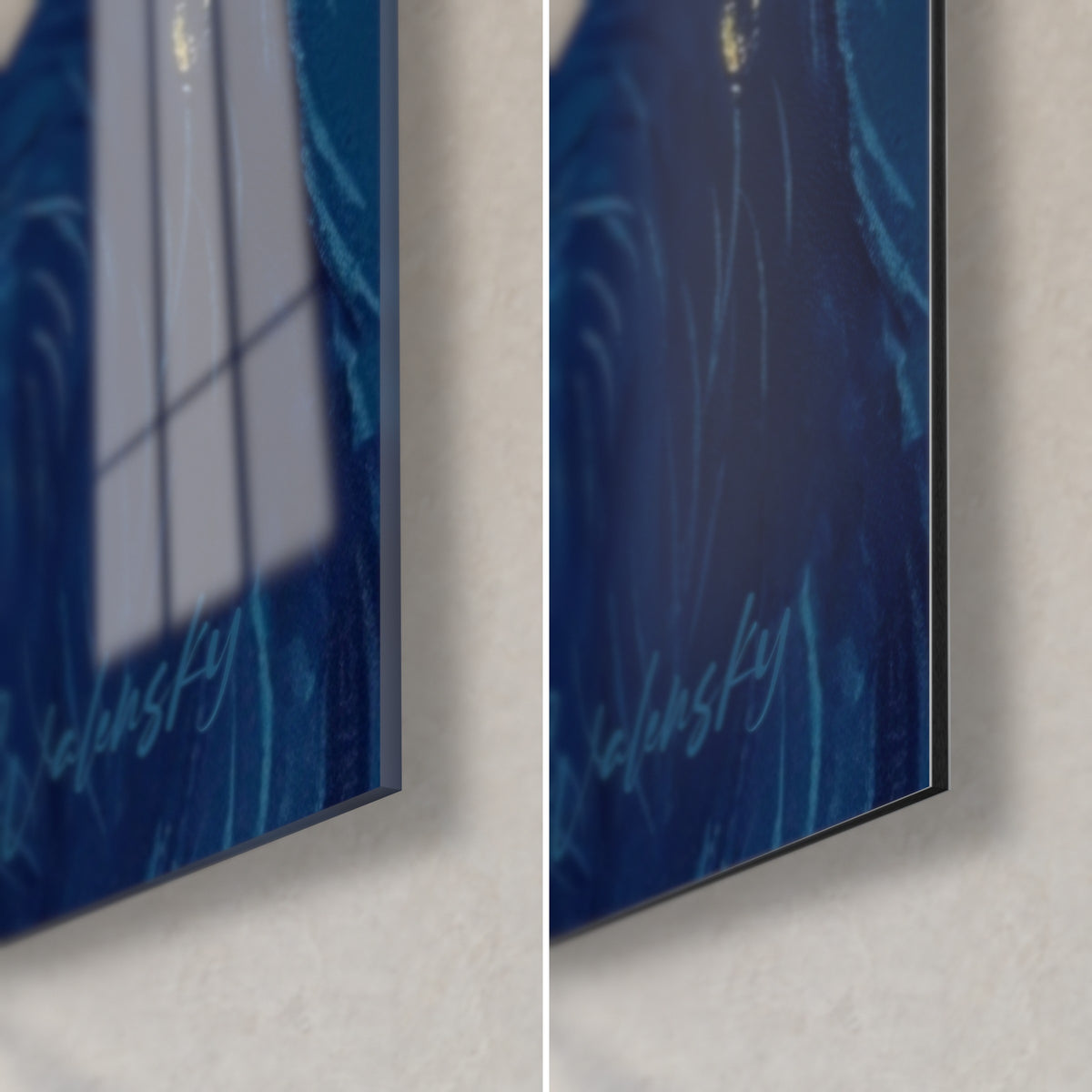 Gemälde nachtblaue, sternenbesetzte Katze, untere rechte Ecke: glänzendes Acrylglas und matte Alu-Dibond-Platte, goldene Signatur, 3 mm Kante