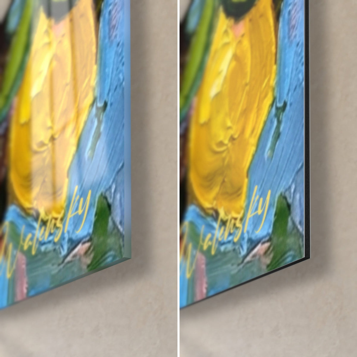 Wall art sunny yellow lemons on a sky blue background, bottom right corner, glossy brushstrokes under glass and black Dibond edge