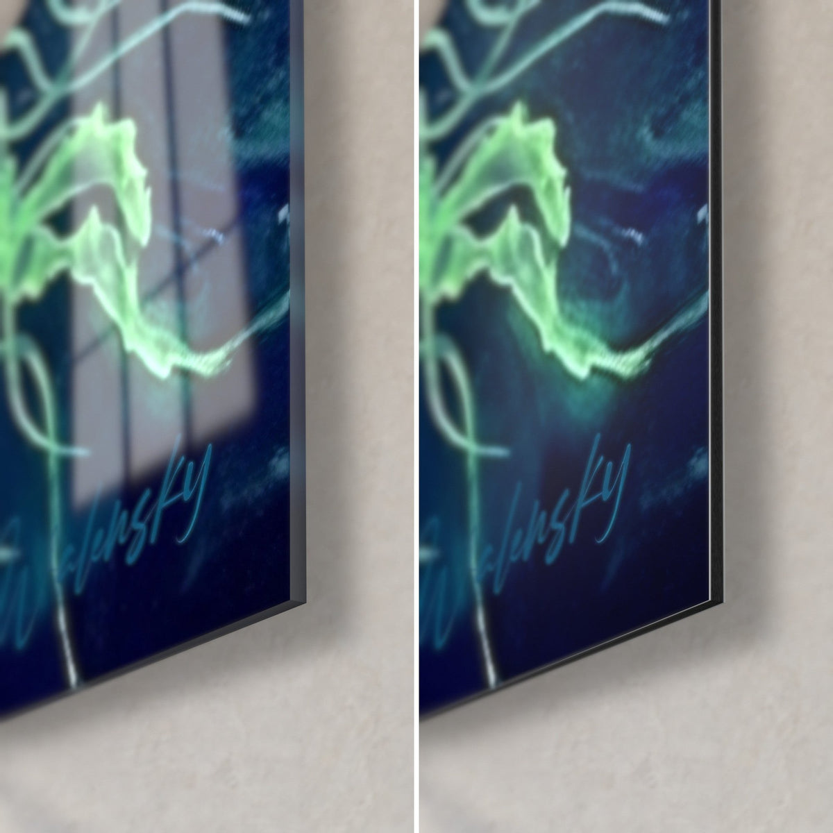 Tableau kayakeur et méduses vert fluo, coin bas droit : verre acrylique brillant à gauche, alu Dibond mat à droite, tranche 3 mm