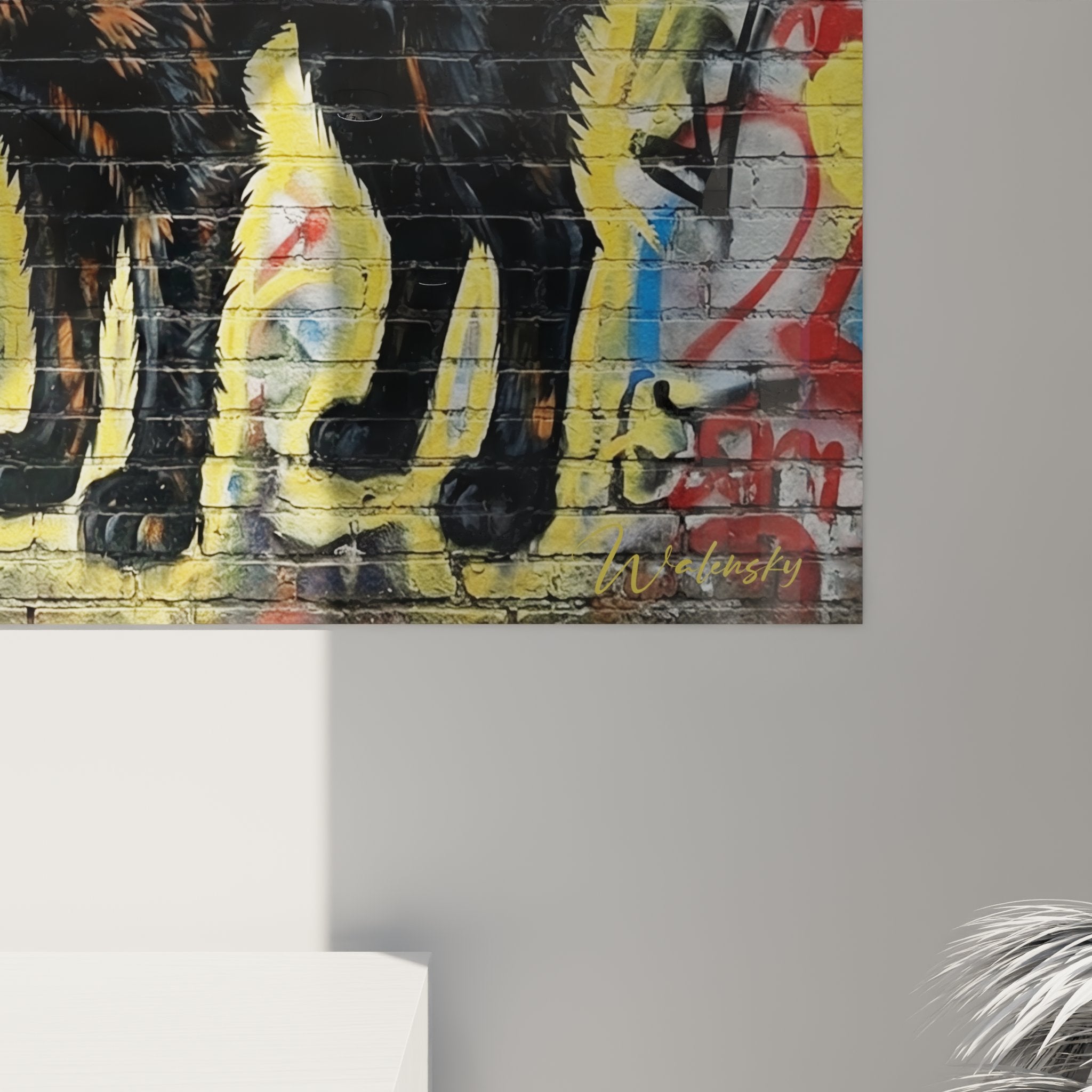 Überblick Wandbild Katzen Konfrontation urbane Kunst farbiges Graffiti Inneneinrichtung