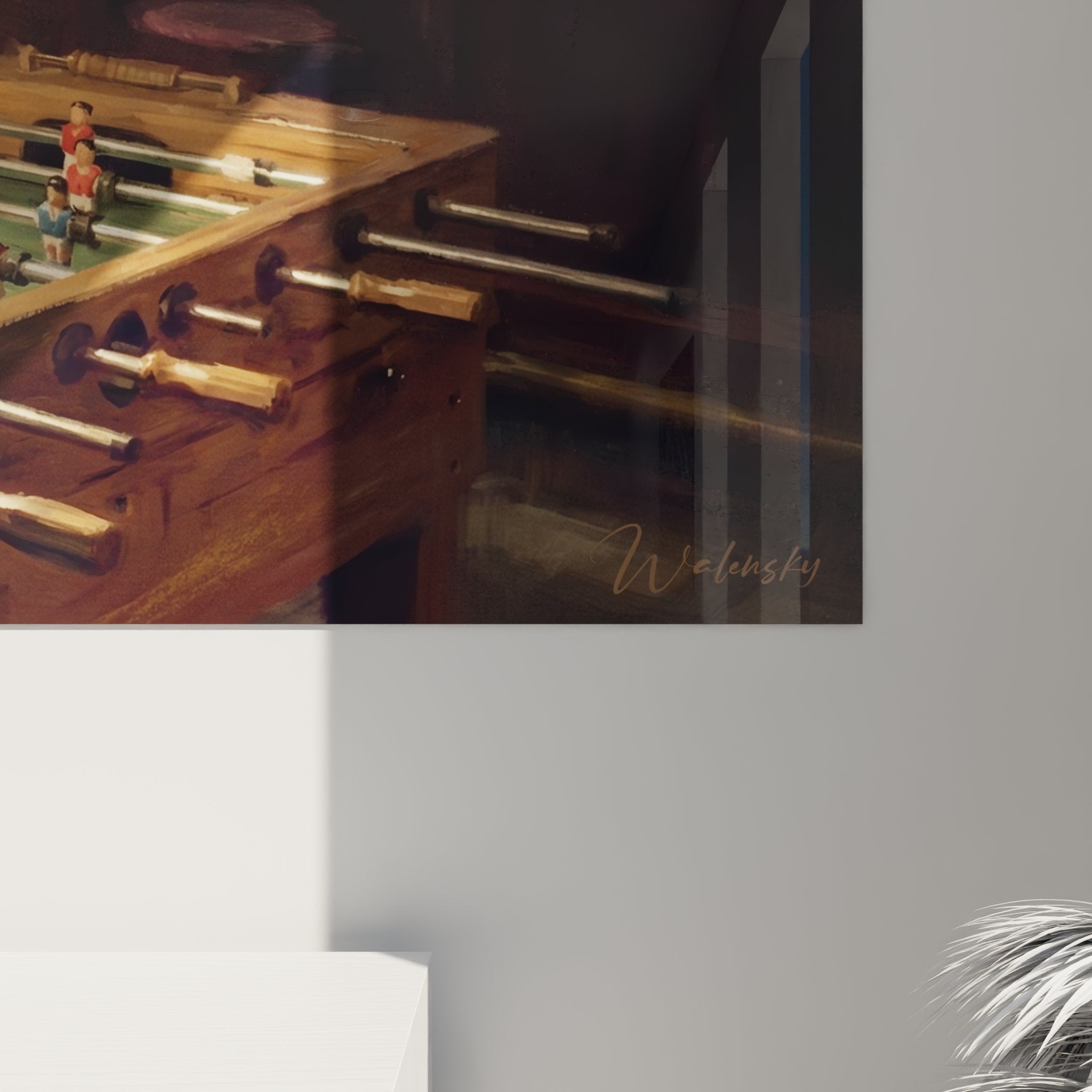 Vue ensemble tableau bar vintage baby-foot, etageres bouteilles et fenetres carreaux