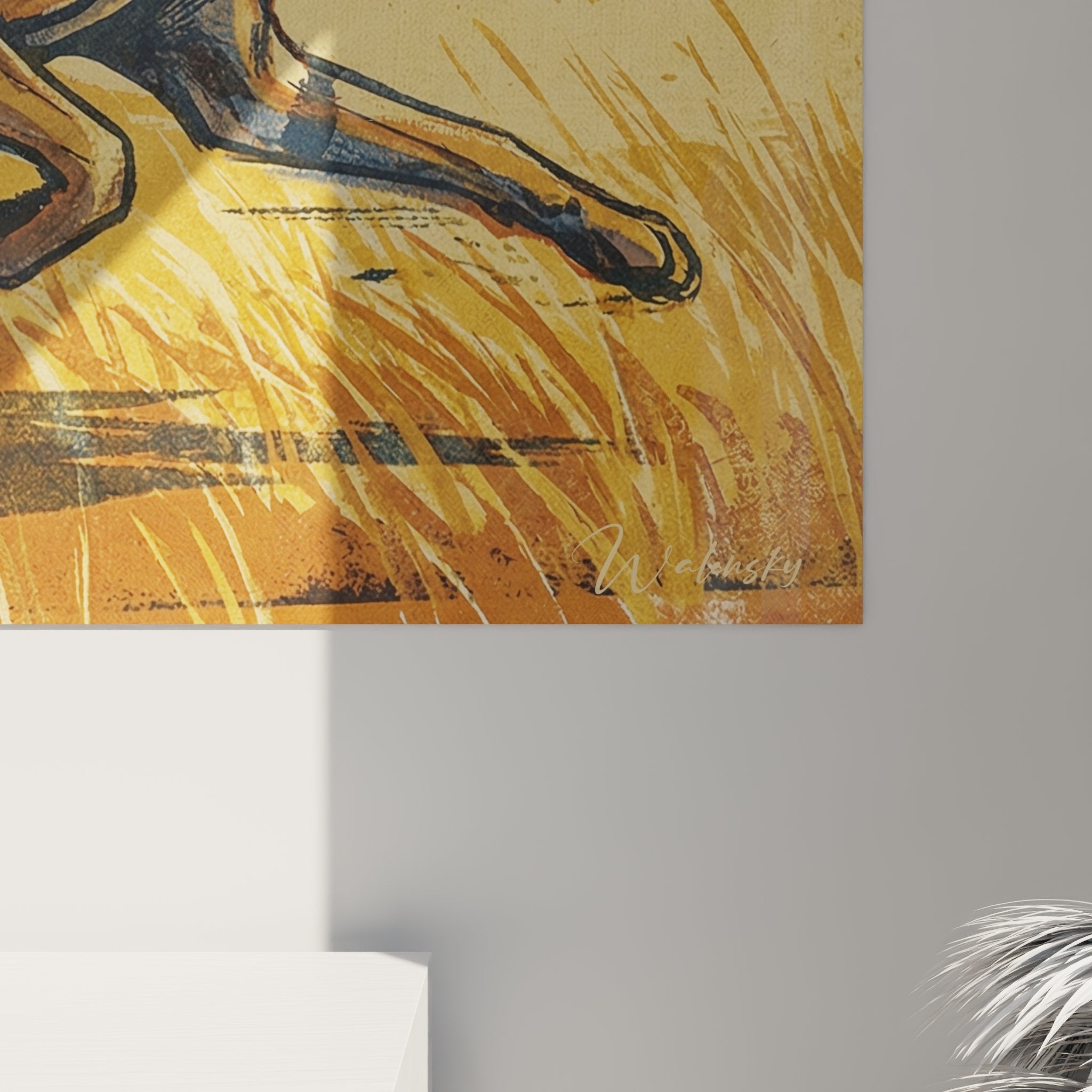 Vue d'ensemble du tableau chat sauvage savane dans un intérieur contemporain élégant