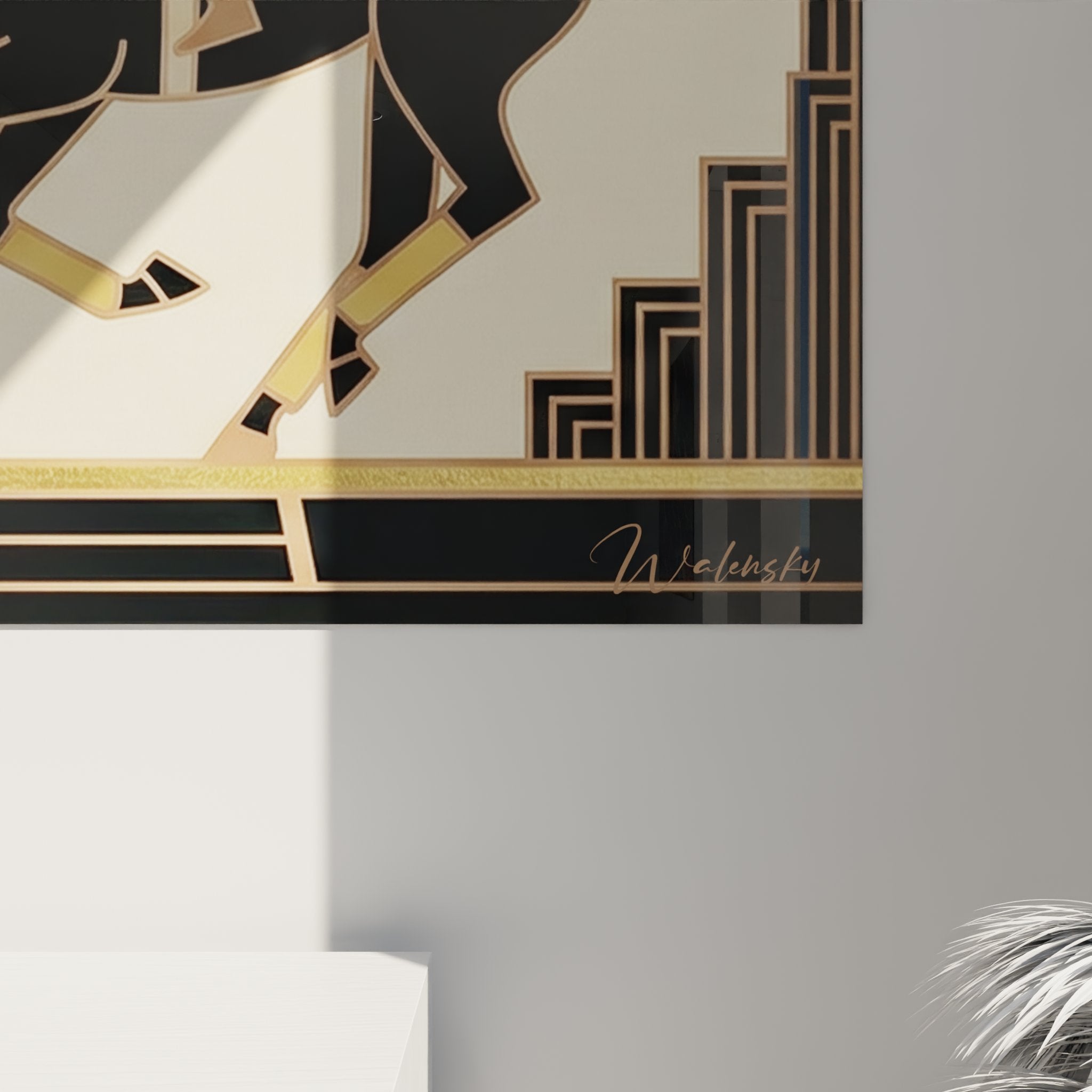 Overview of polo wall art Art Deco panel - golden equestrian duel on geometric background, premium wall decoration