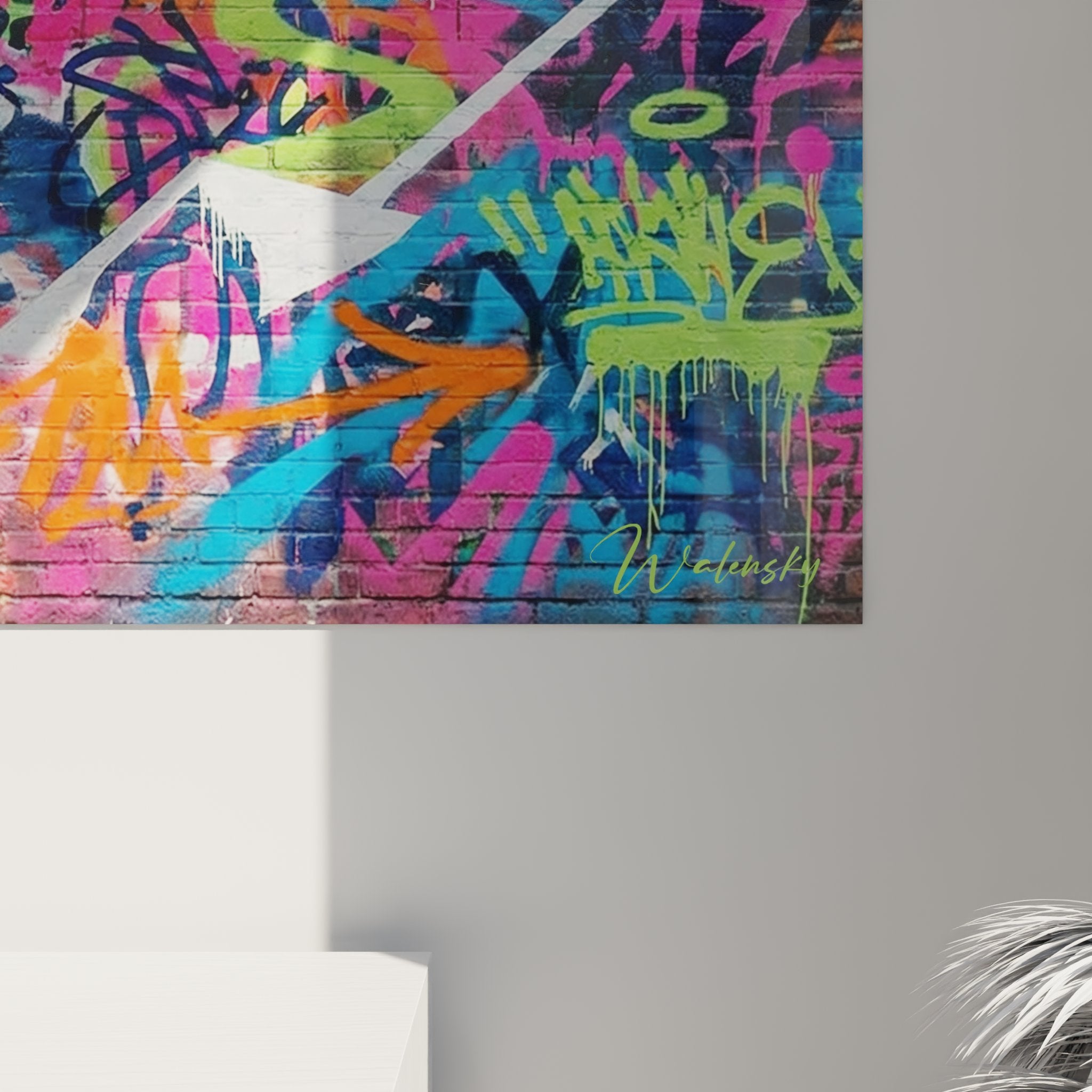 Street art Alpine wall art view with urban graffiti and stylized white peaks