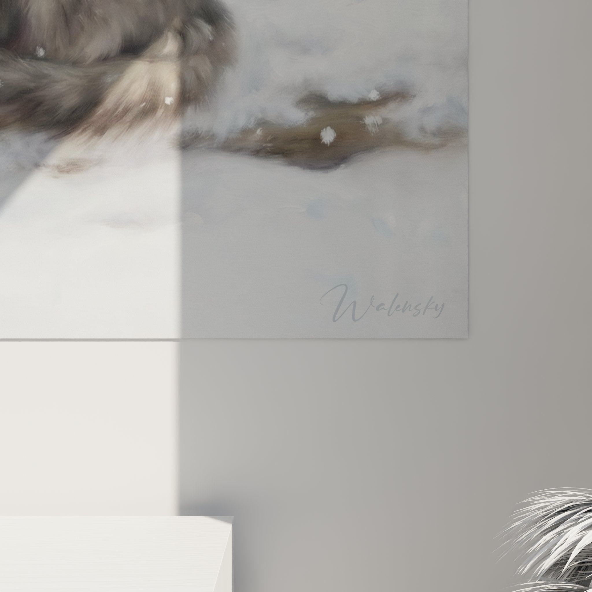 Gesamtansicht Wandbild Katze Norwegian Forest Cat Winter gemütliche Atmosphäre Schneeflocken verschneiter Wald