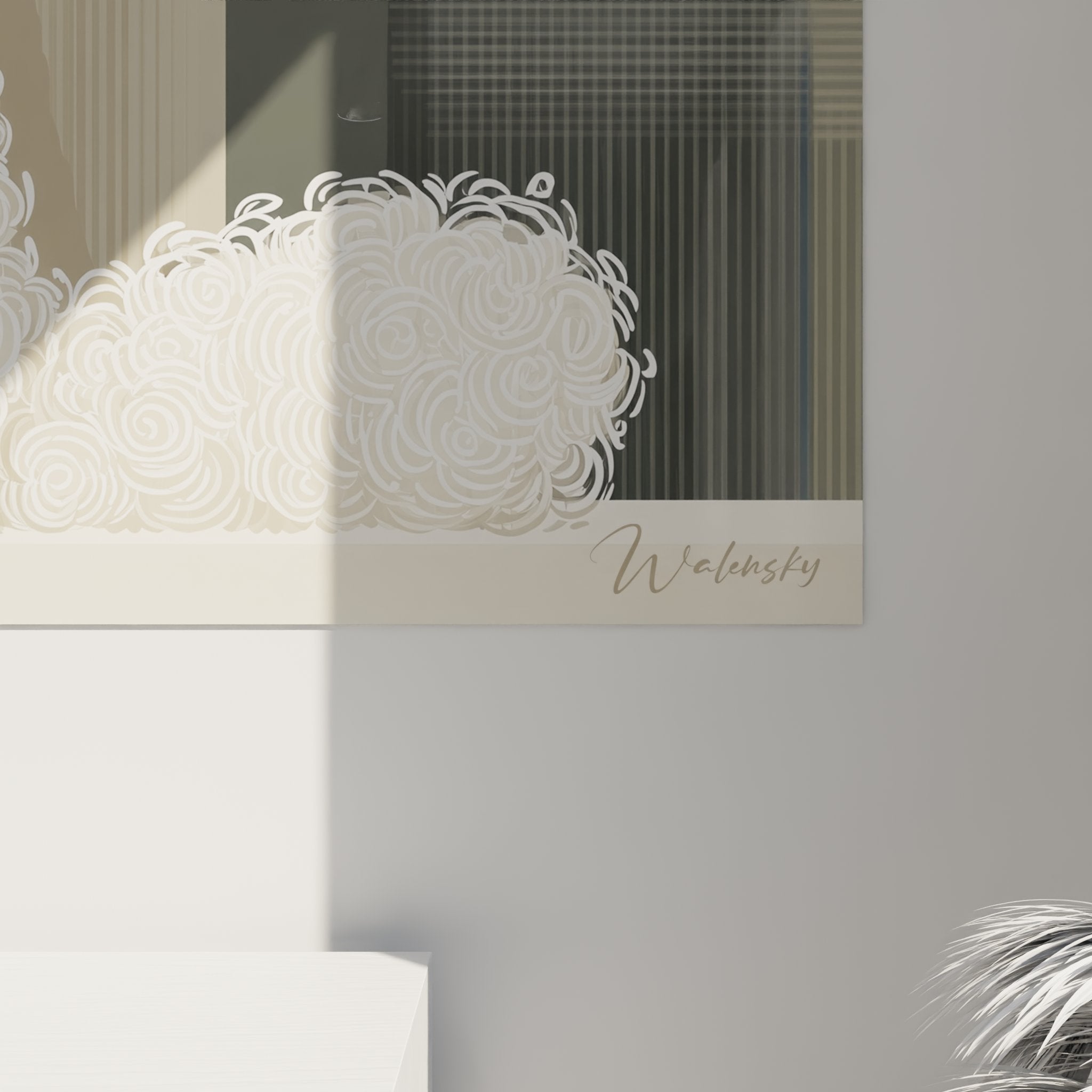 Vue d'ensemble du tableau chat Selkirk Rex montrant l'harmonie entre l'animal et l'arrière-plan géométrique