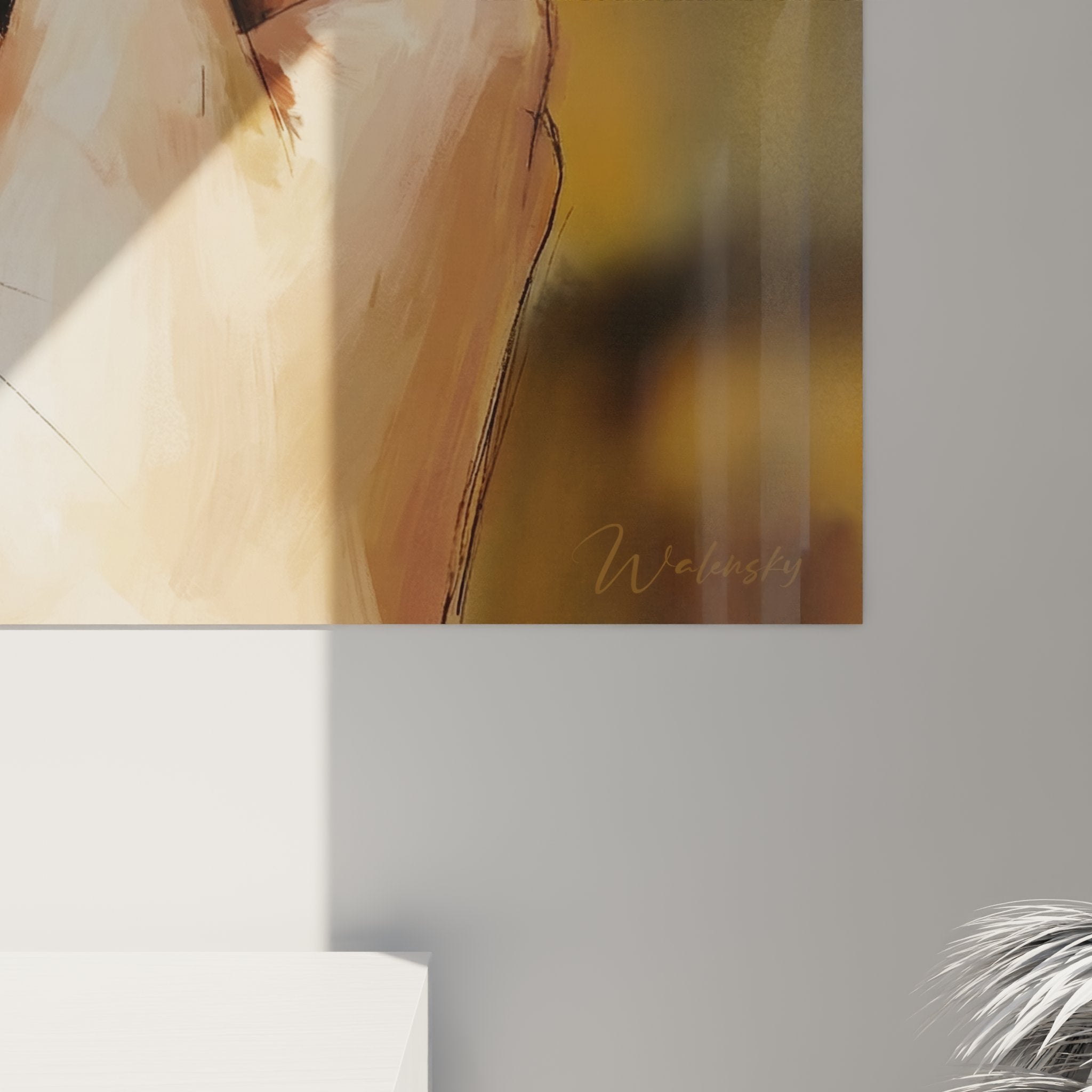 Vue ensemble tableau mural chat noir caressé intégré décoration intérieure moderne tons chauds dorés