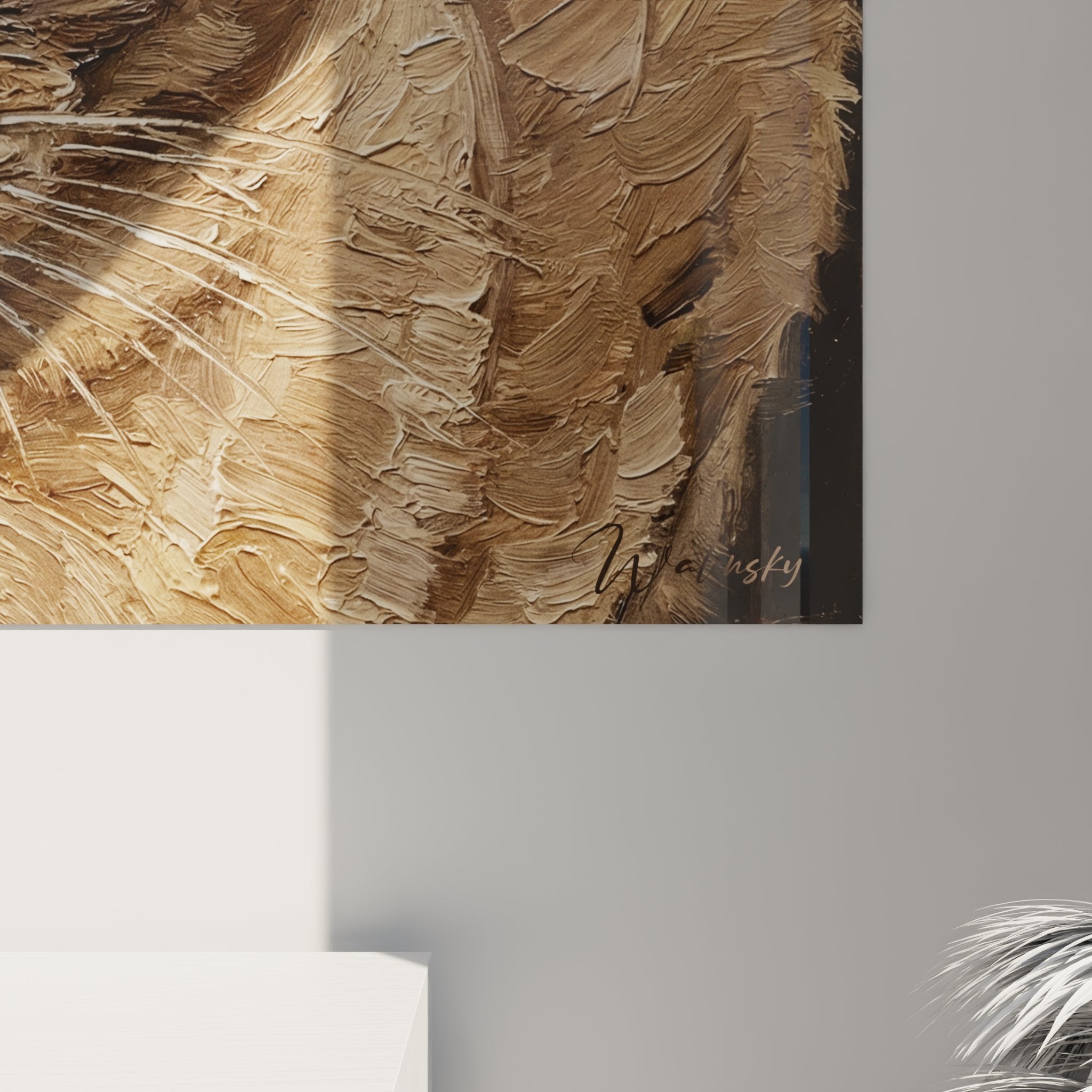 Vue d'ensemble tableau chat Burmese dans intérieur contemporain, art mural décoratif félin