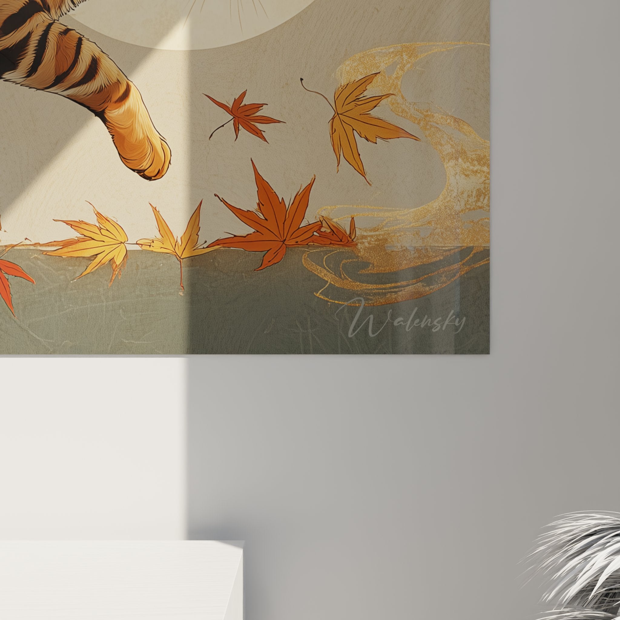 Vue d'ensemble tableau chat Toyger automne lune pleine feuilles érable rouge décoration art contemporain félin