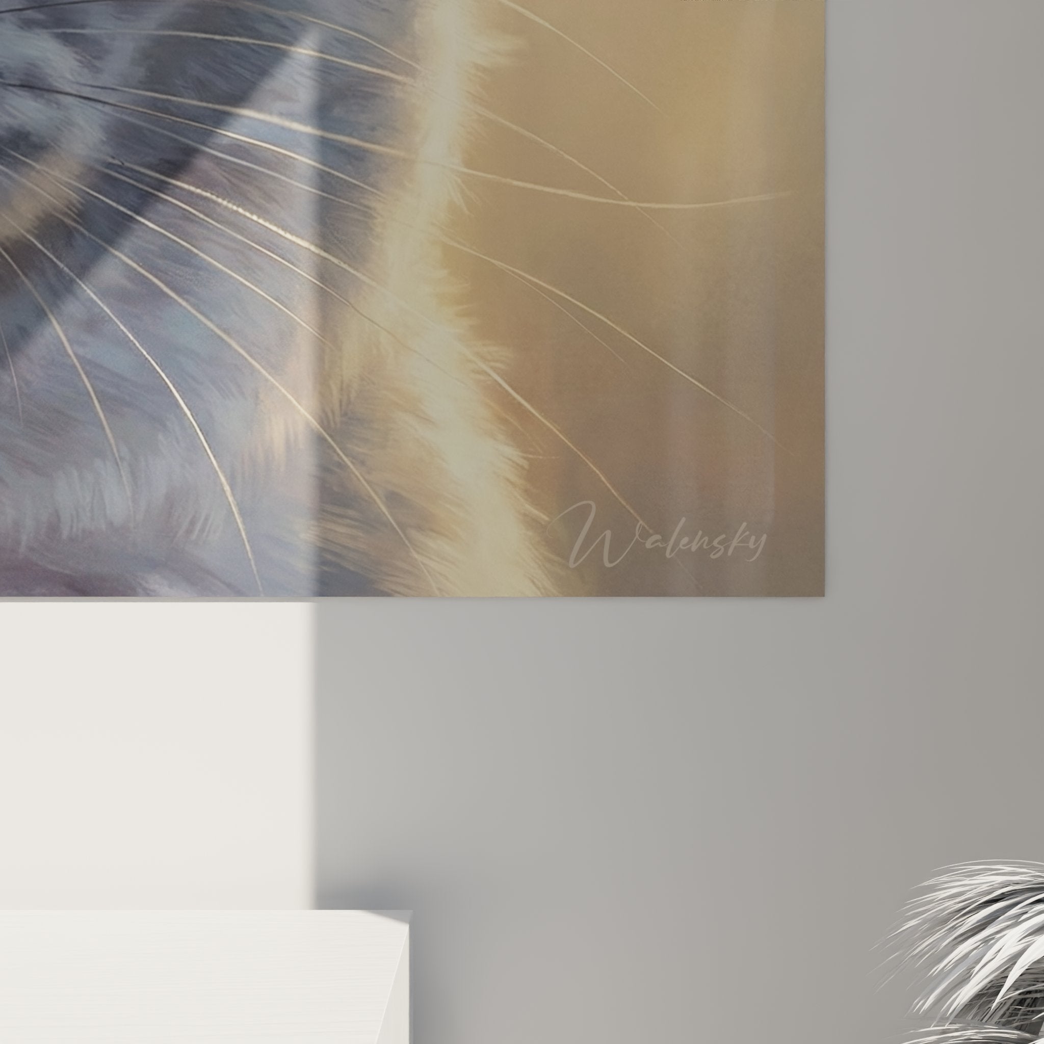 Vue d'ensemble du tableau chat Chartreux dans un intérieur contemporain, art mural décoratif de qualité premium