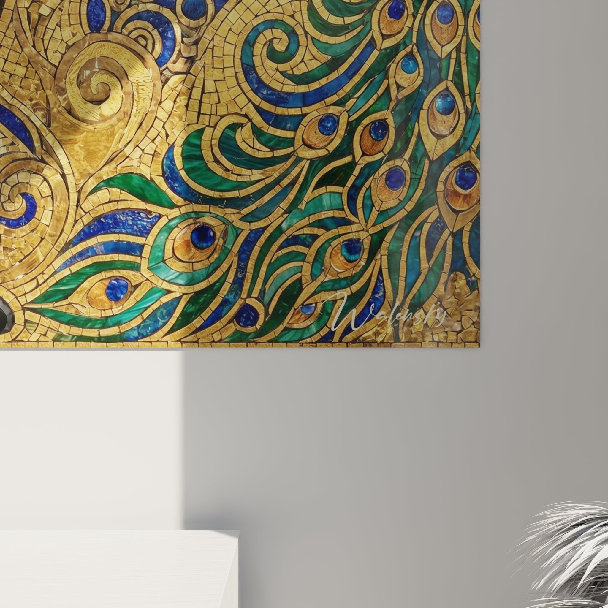 Vue ensemble tableau chat Bombay mosaïque byzantine dorée décoration intérieur style artistic mural félin