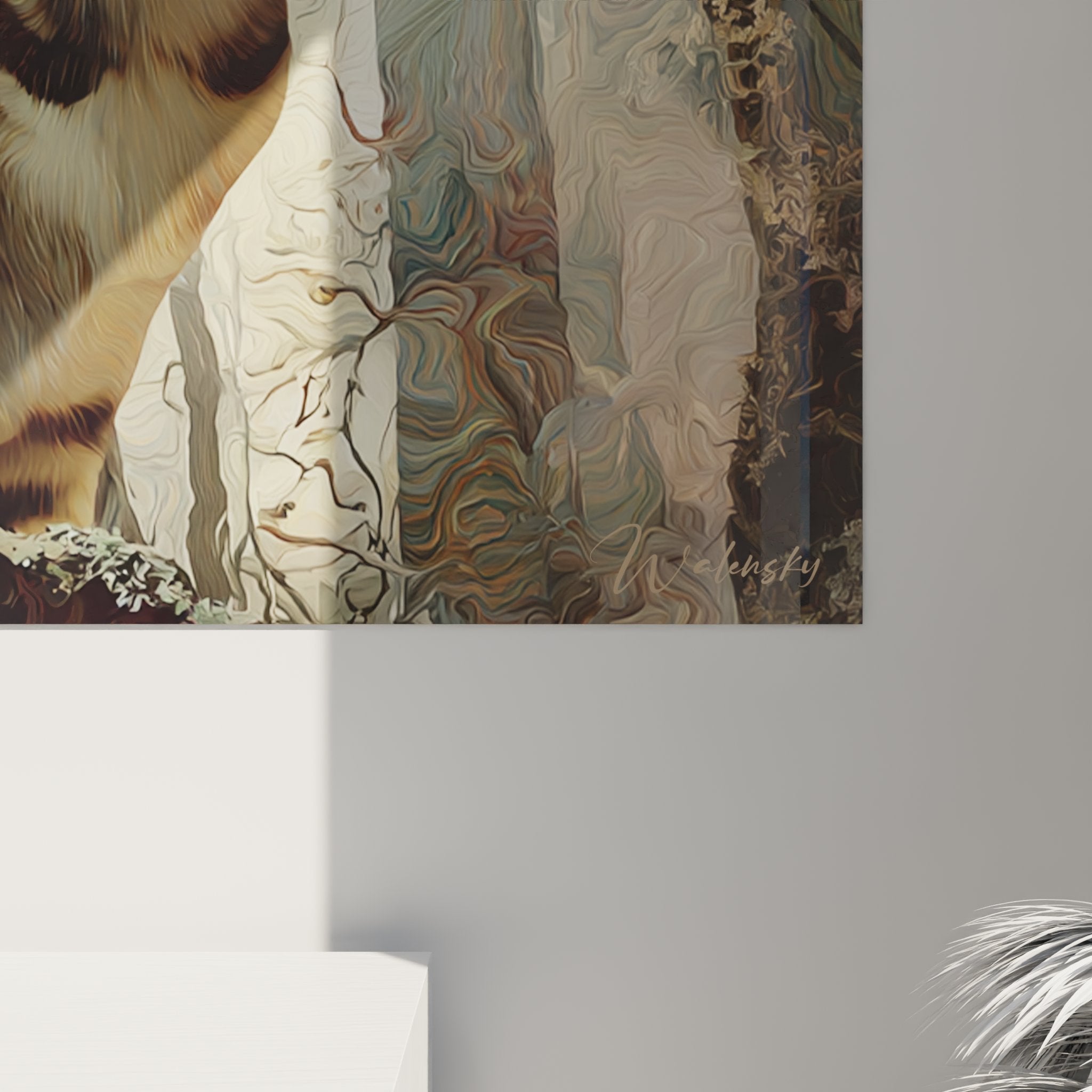 Vue d'ensemble du tableau mural chat Sokoke, composition harmonieuse entre félin et nature forestière