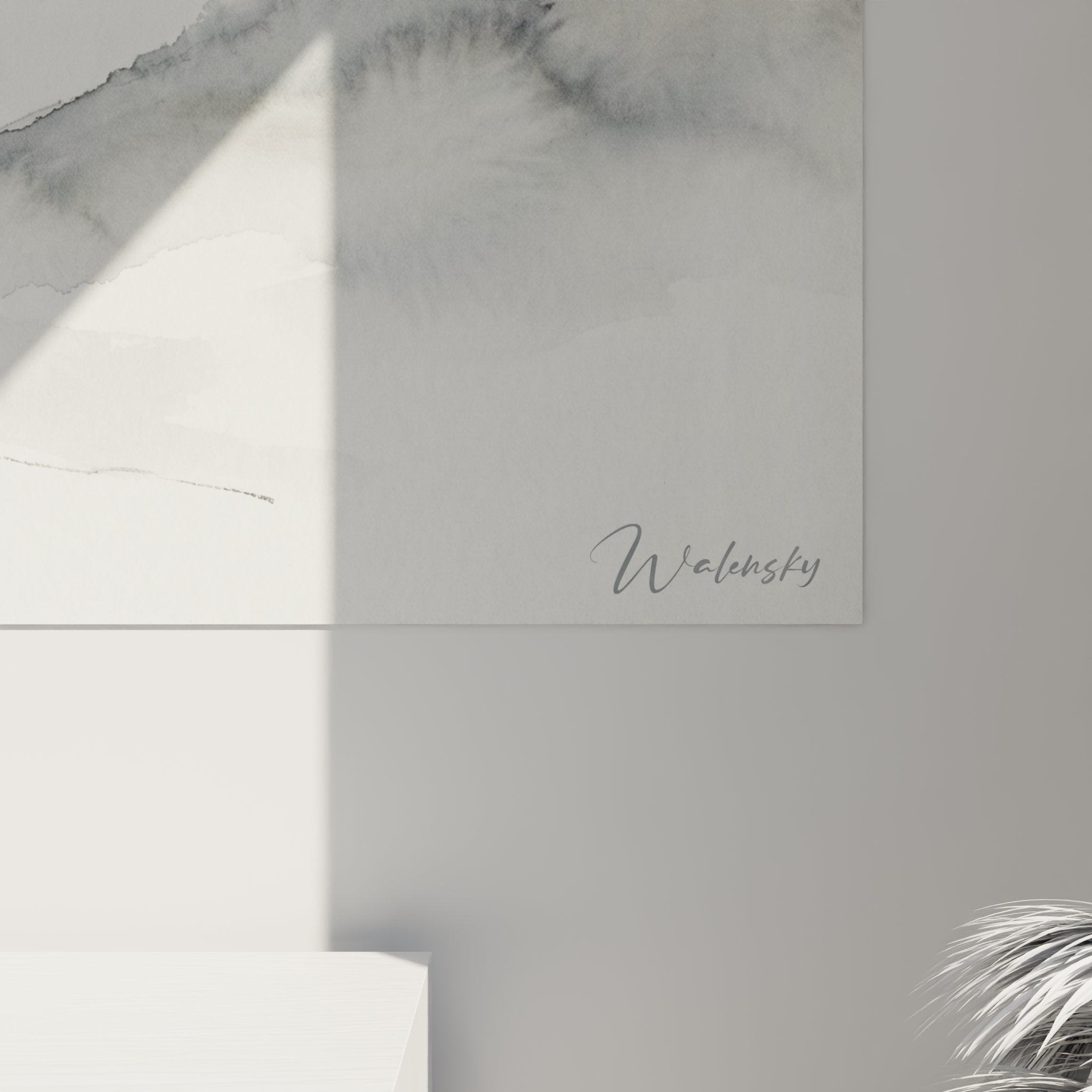 Vista d'insieme quadro acquerello paesaggio alpino nebbie decorazione interni moderno zen