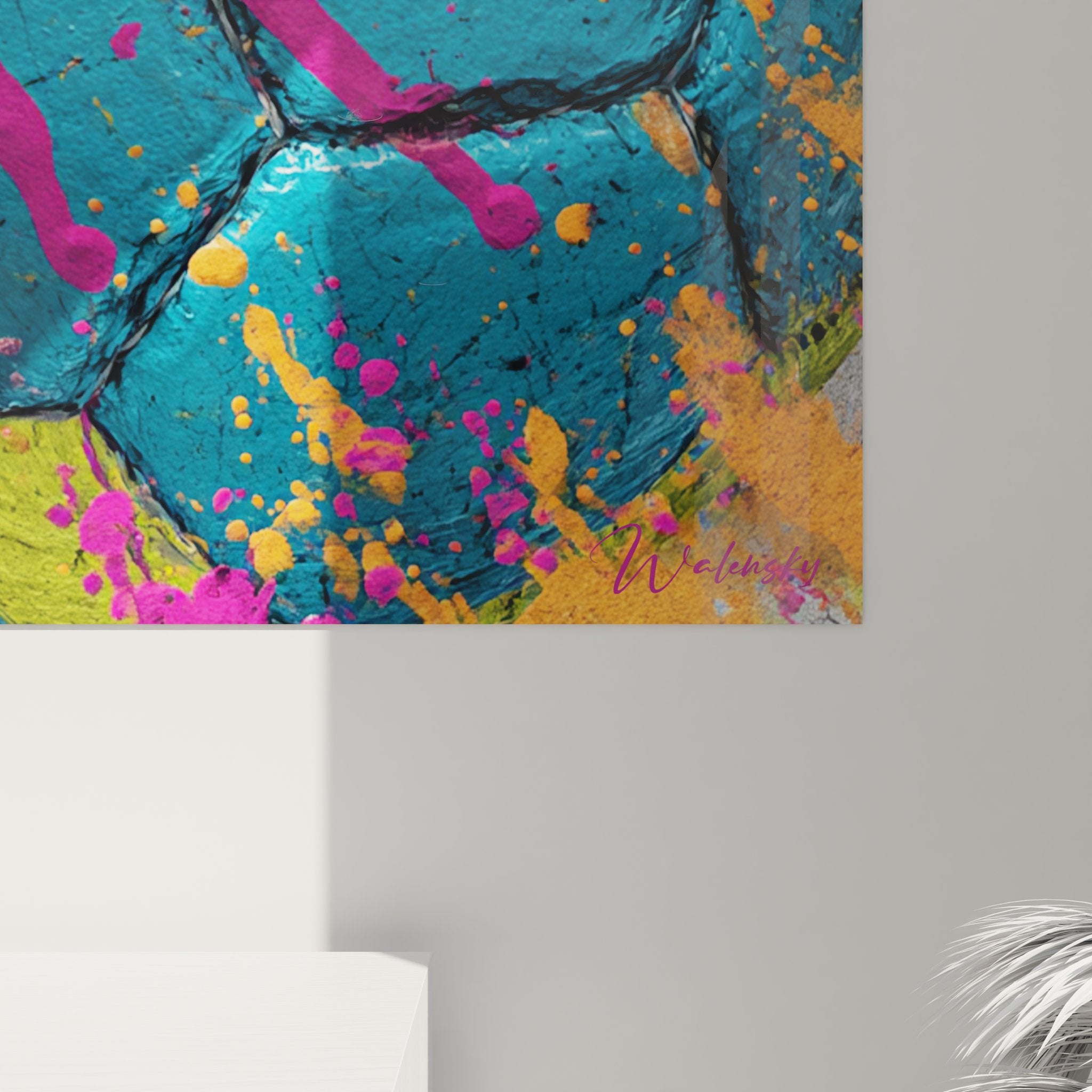 Vue perspective tableau football mural ballon artistique éclaboussures colorées décoration intérieure moderne