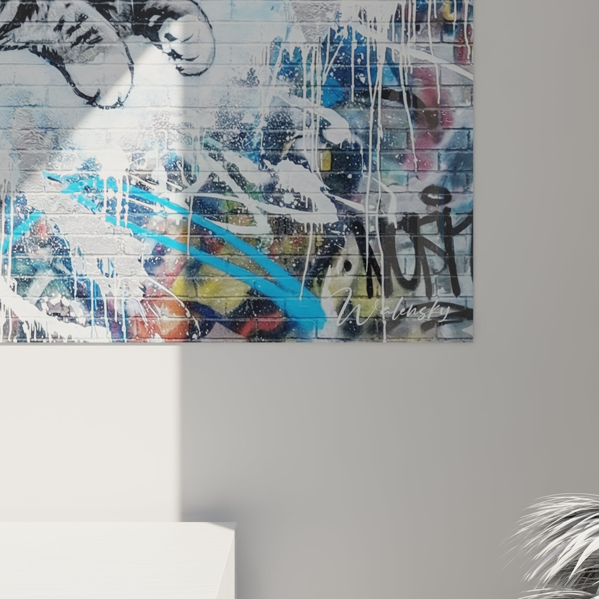 Vue d'ensemble tableau mural chat ailé graffiti, art urbain Norwegian Forest décoration intérieure