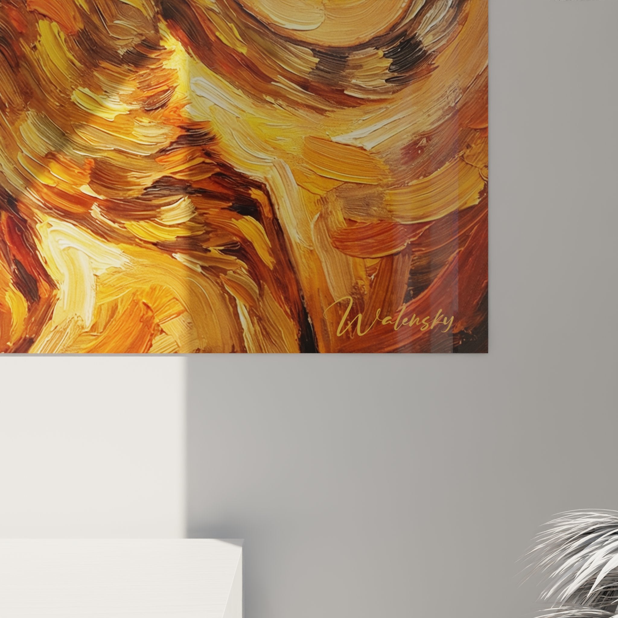 Vista d'insieme quadro da parete gatto Abissino stile vortici dorati arredamento interno arte felina elegante