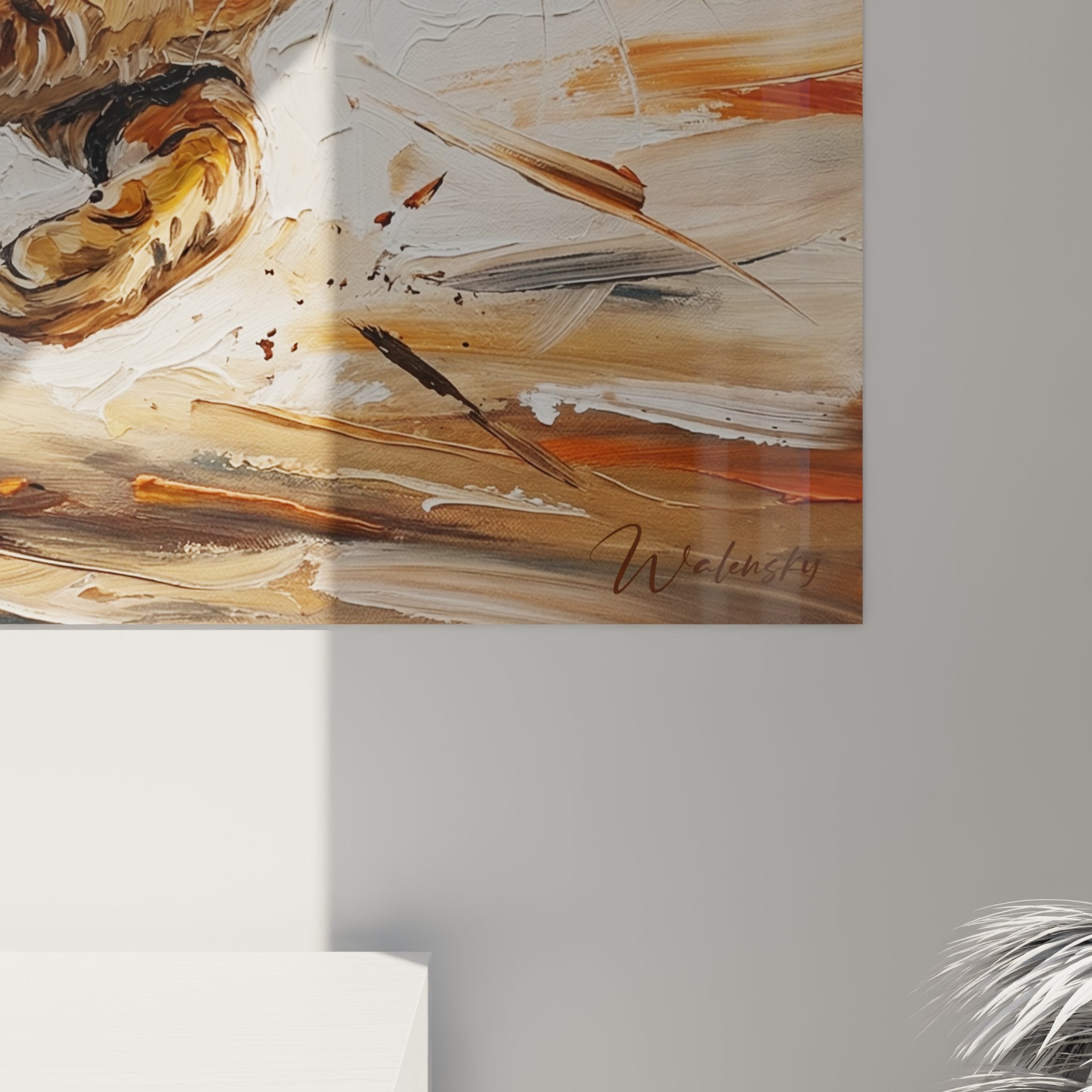 Vue d'ensemble tableau chat Ocicat en action, art mural contemporain pour decoration interieure