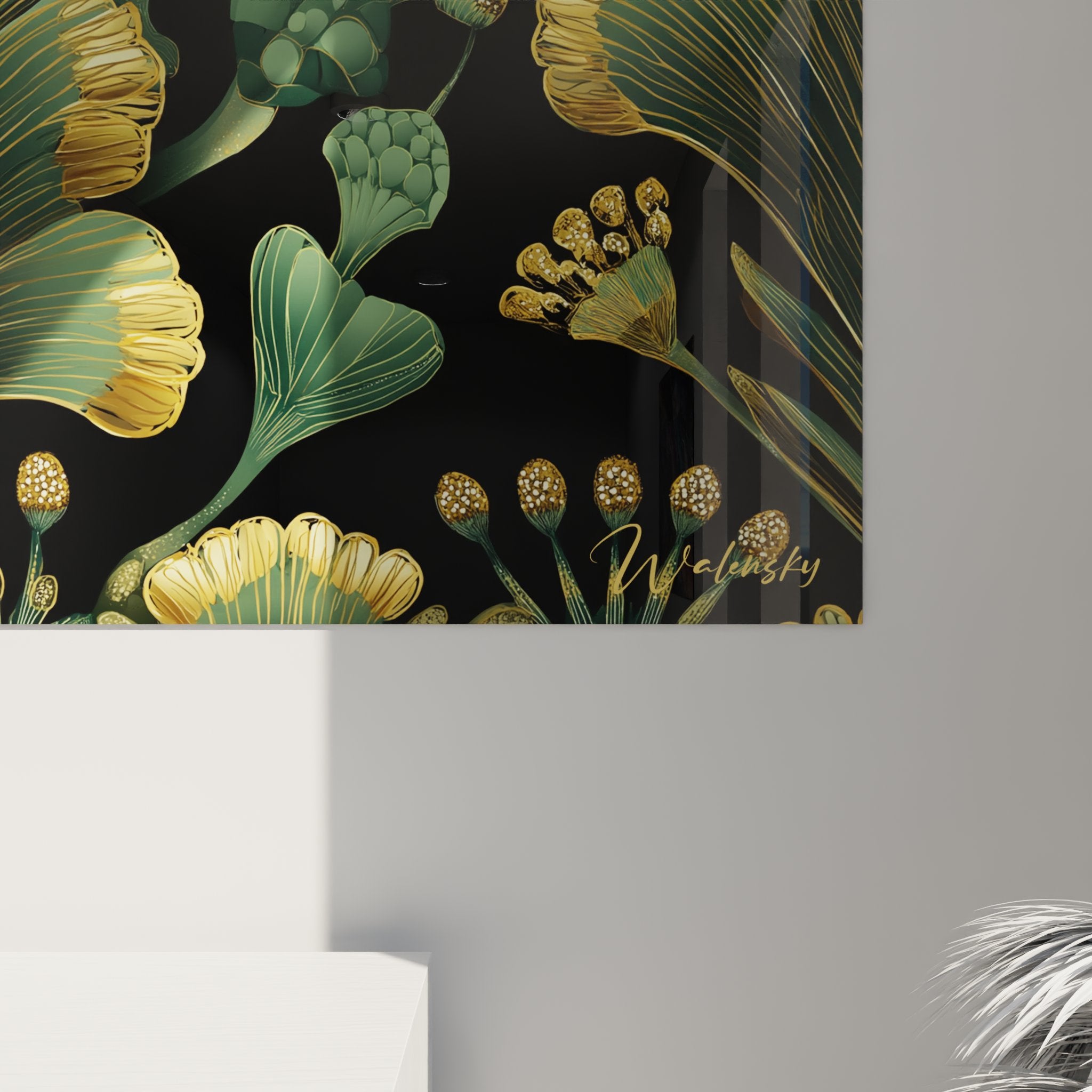 Overview of wall art deco painting with golden botanical patterns integrated into modern interior decor