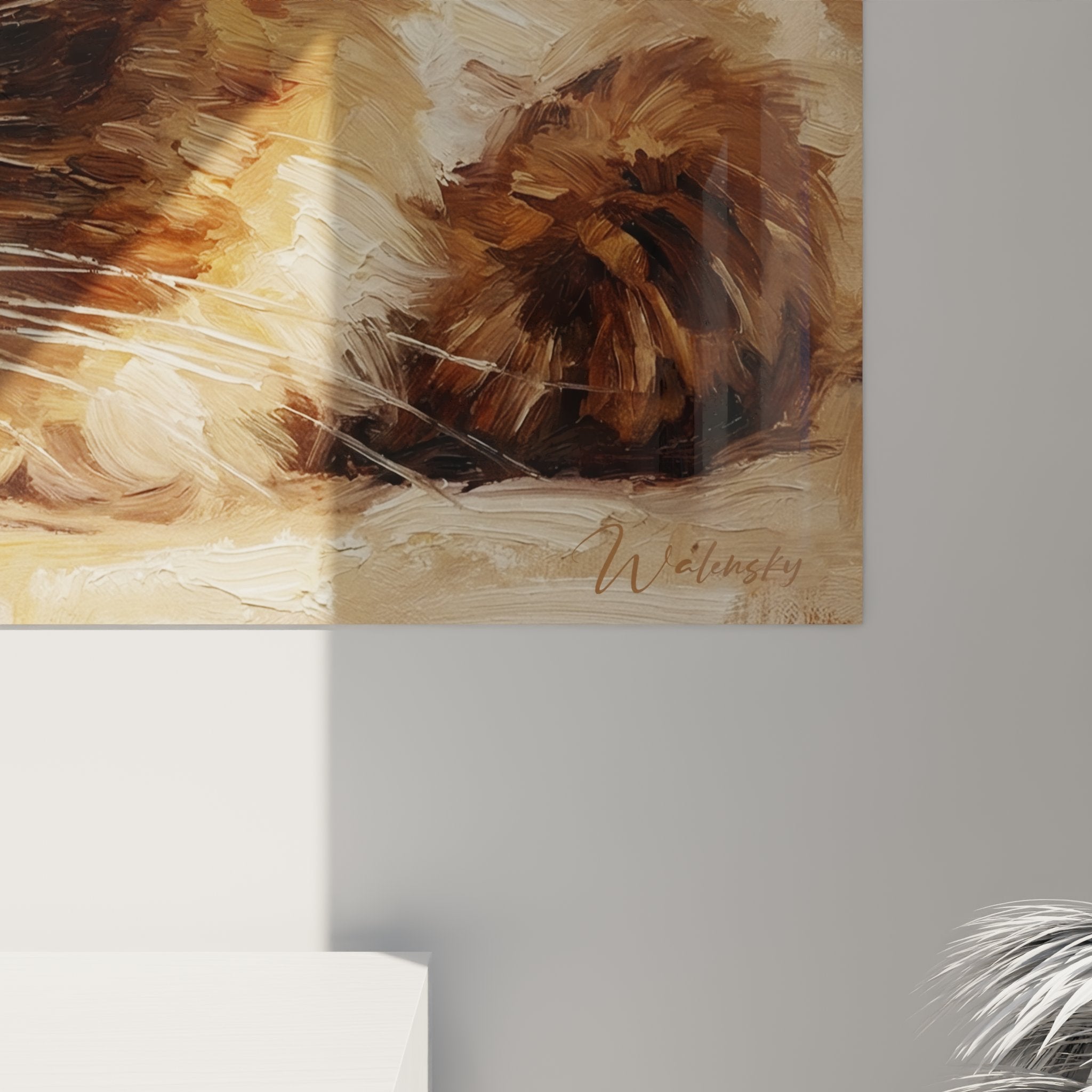 Vue d'ensemble du tableau chat Himalayan dans un salon, mise en situation décorative élégante