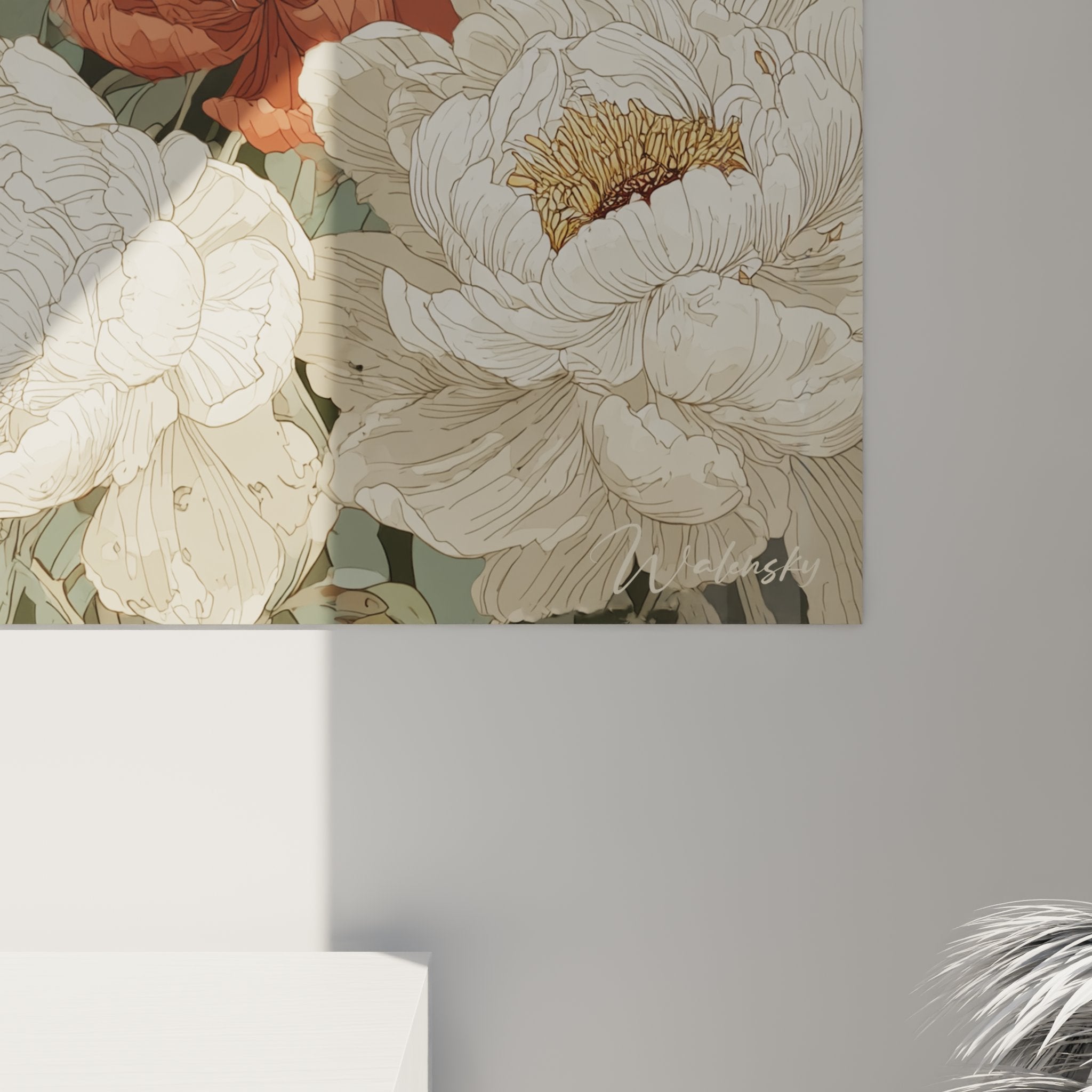 Vue d'ensemble du tableau chat Toyger et pivoines dans un salon avec canape et plantes vertes