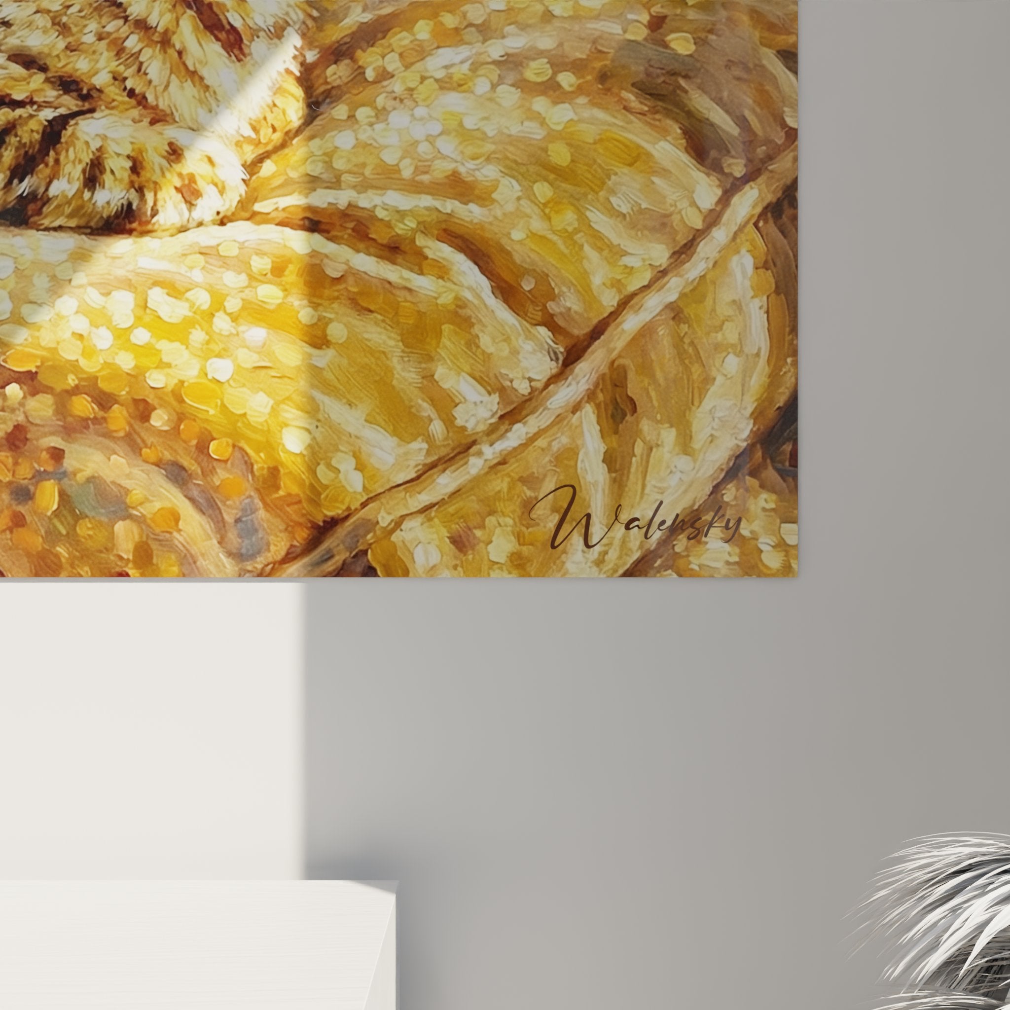 Overview of the golden Bengal cat painting in a contemporary living room with refined decoration