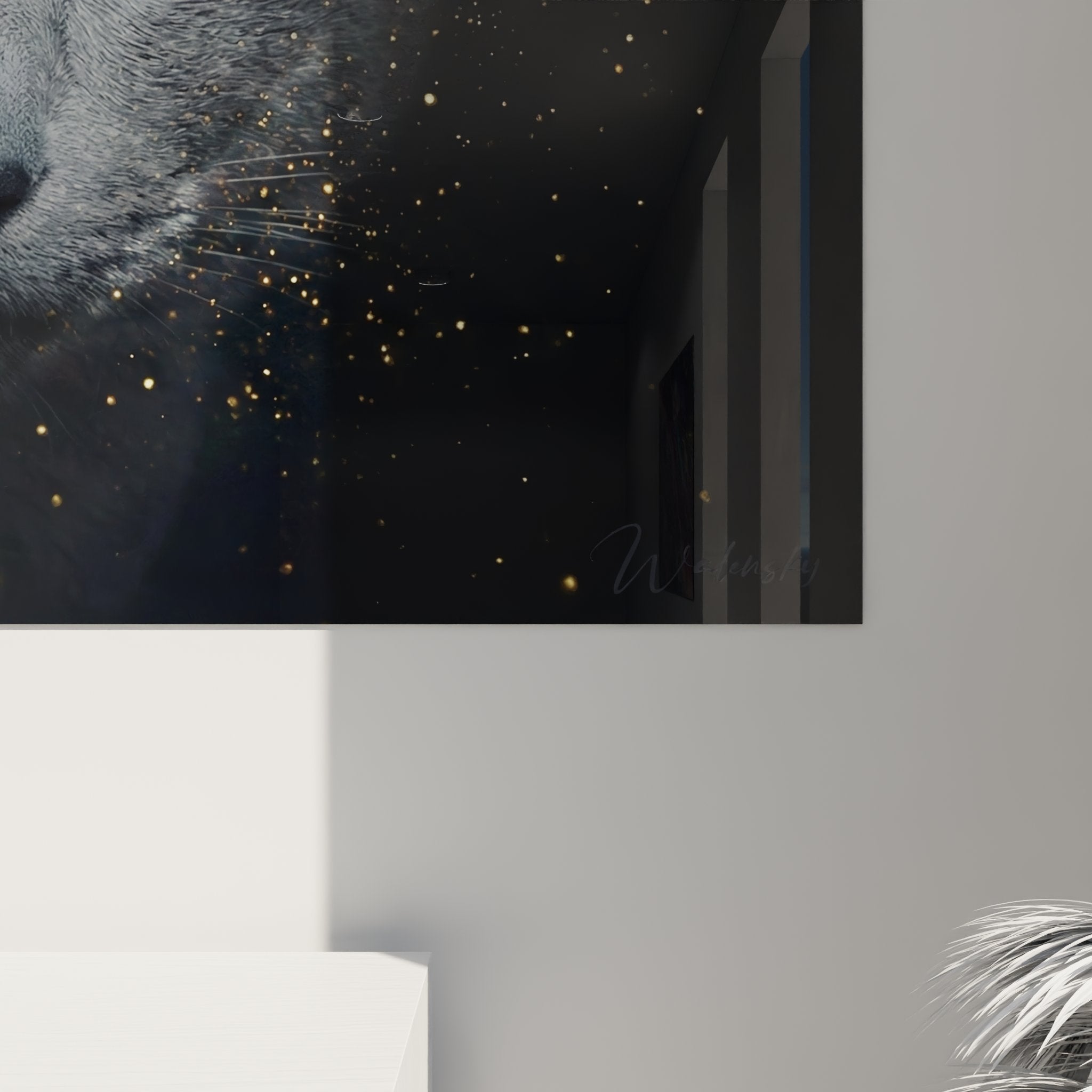 Vue d'ensemble tableau chat Russian Blue cosmique accroché mur salon décoration féline