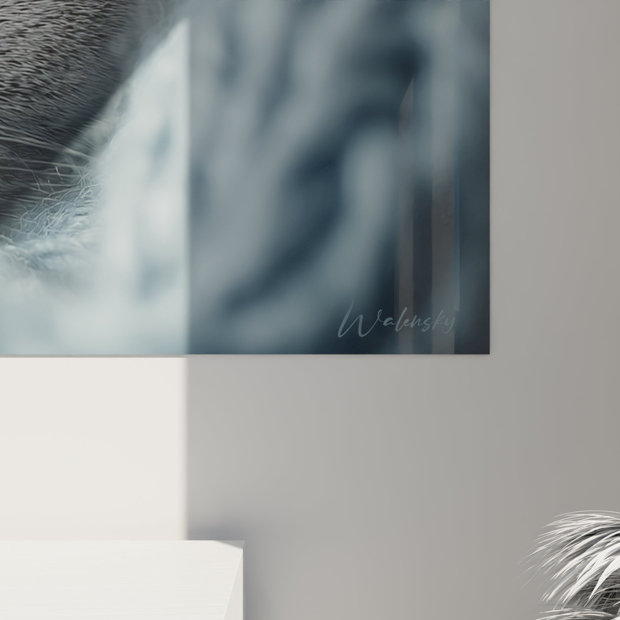 Panoramica del quadro British Shorthair in soggiorno moderno, decorazione murale elegante, arte contemporanea felina