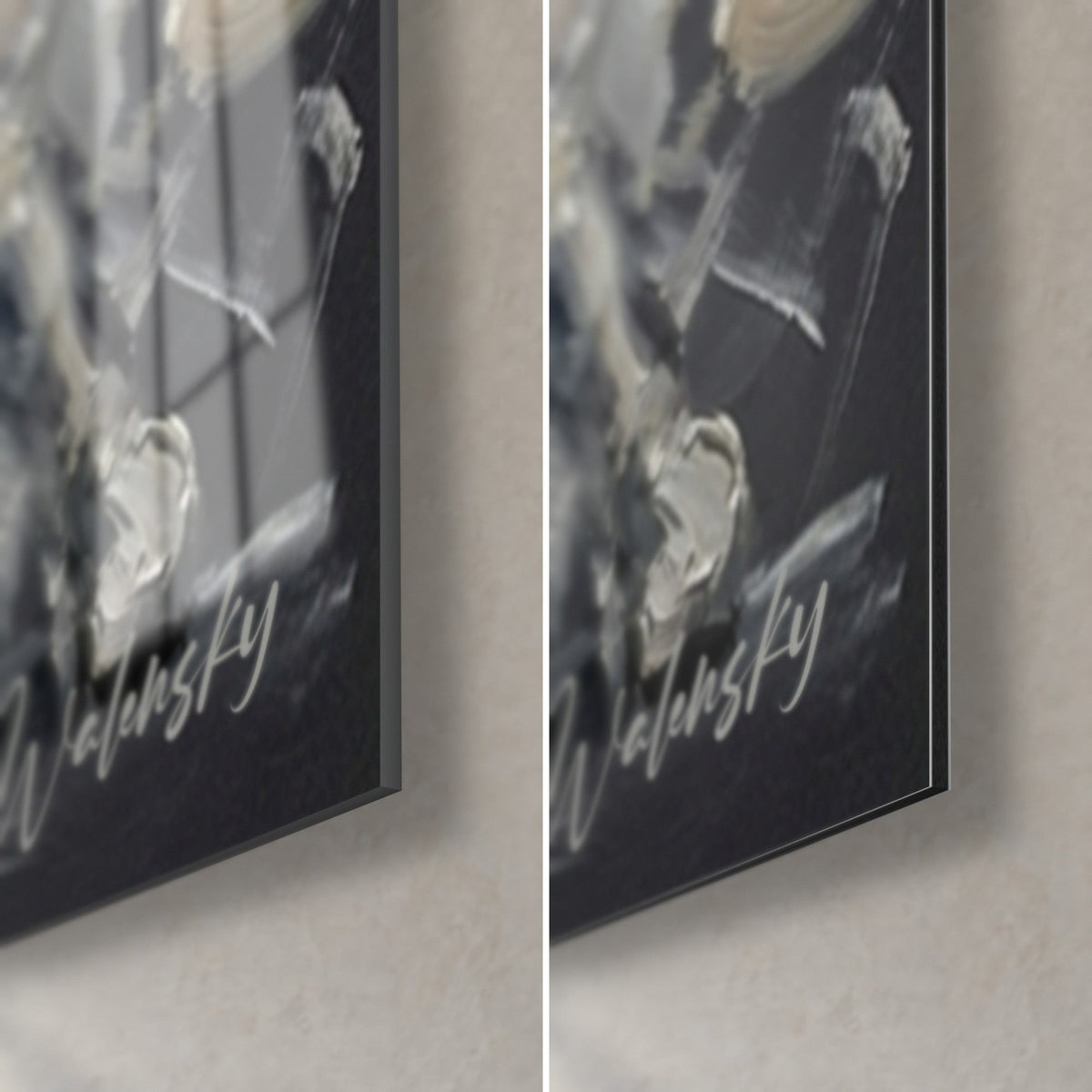 Wall art fencer mid-lunge with sword, bottom right corner: 3 mm black edge, glossy glass reflecting the window, matte grey Dibond