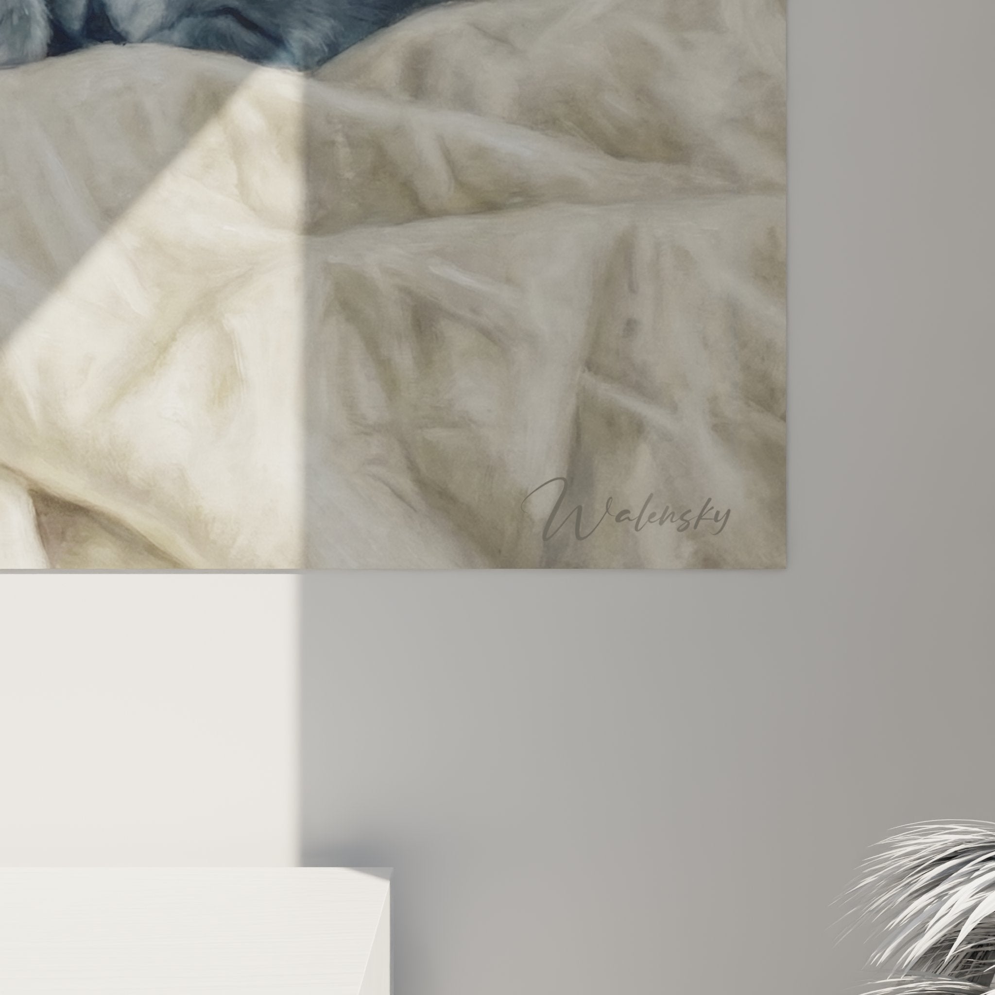 Vue ensemble tableau mural chat Chartreux sommeil paisible decoration interieur moderne