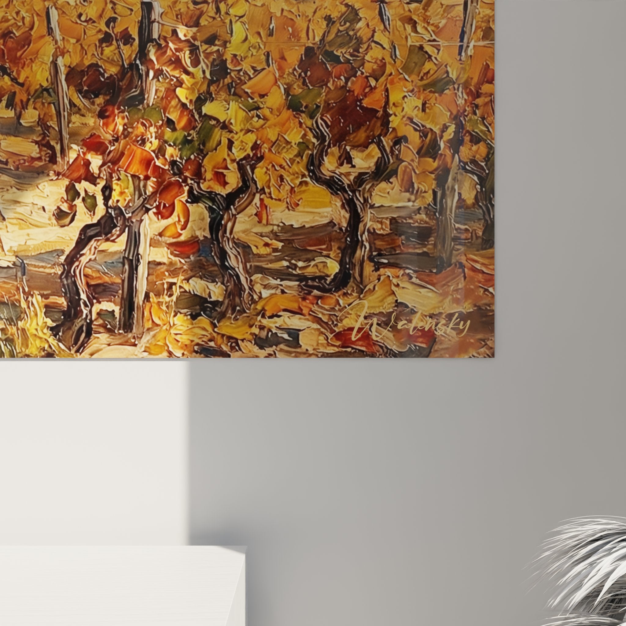 Vue d'ensemble tableau paysage Provence avec cabanon vigneron, vignoble automne et montagnes à l'horizon