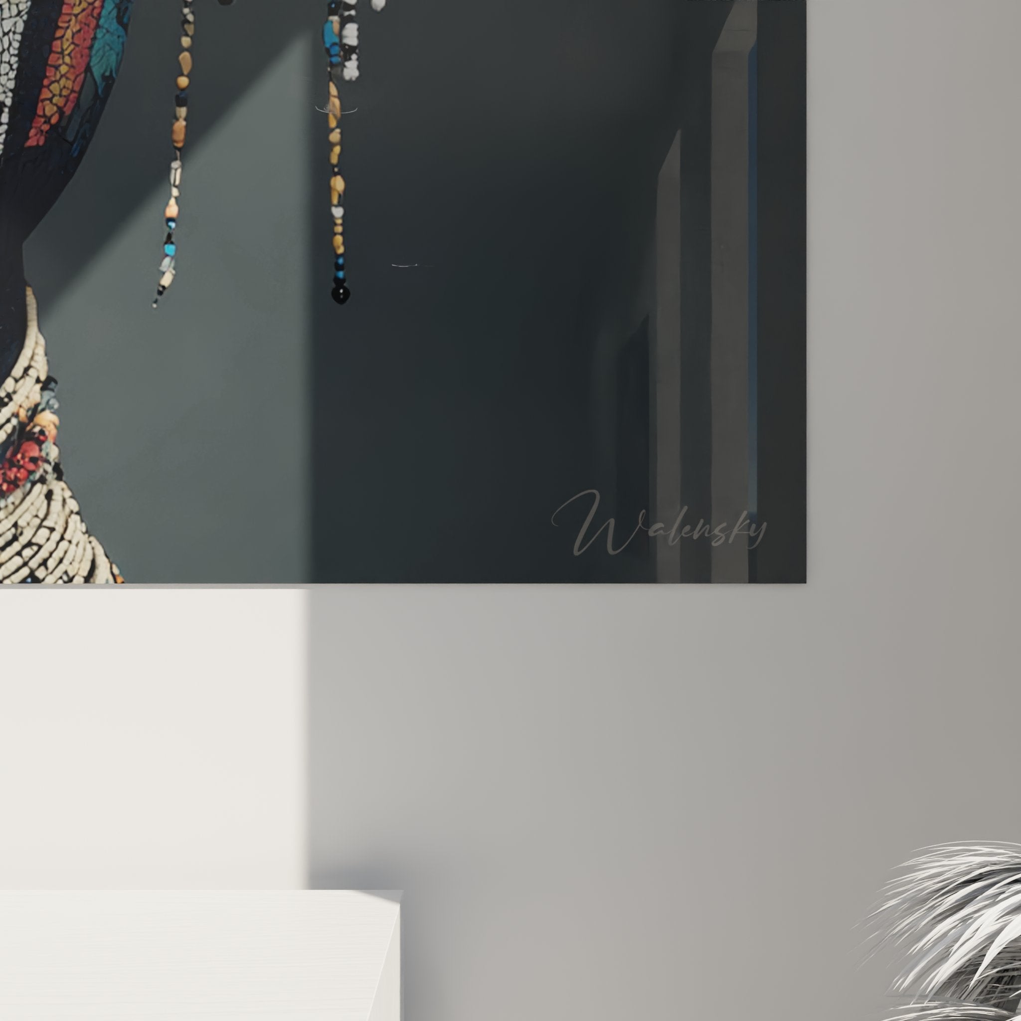 Vista d'insieme quadro murale arte africana ritratto donna tribale decorazione interni contemporanea etnica