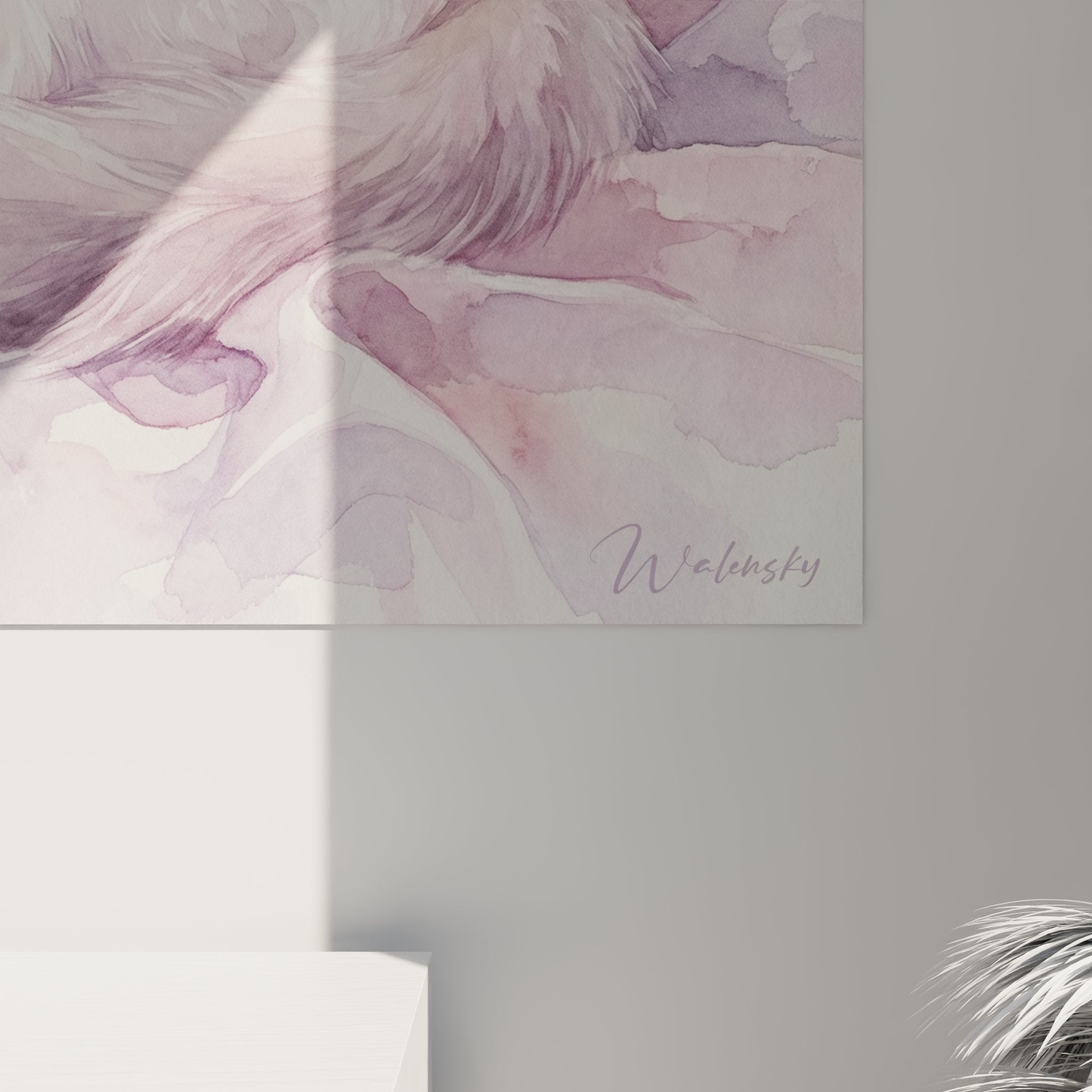 Vista d'insieme quadro murale gatto Ragdoll acquerello, opera d'arte felina decorativa toni pastello