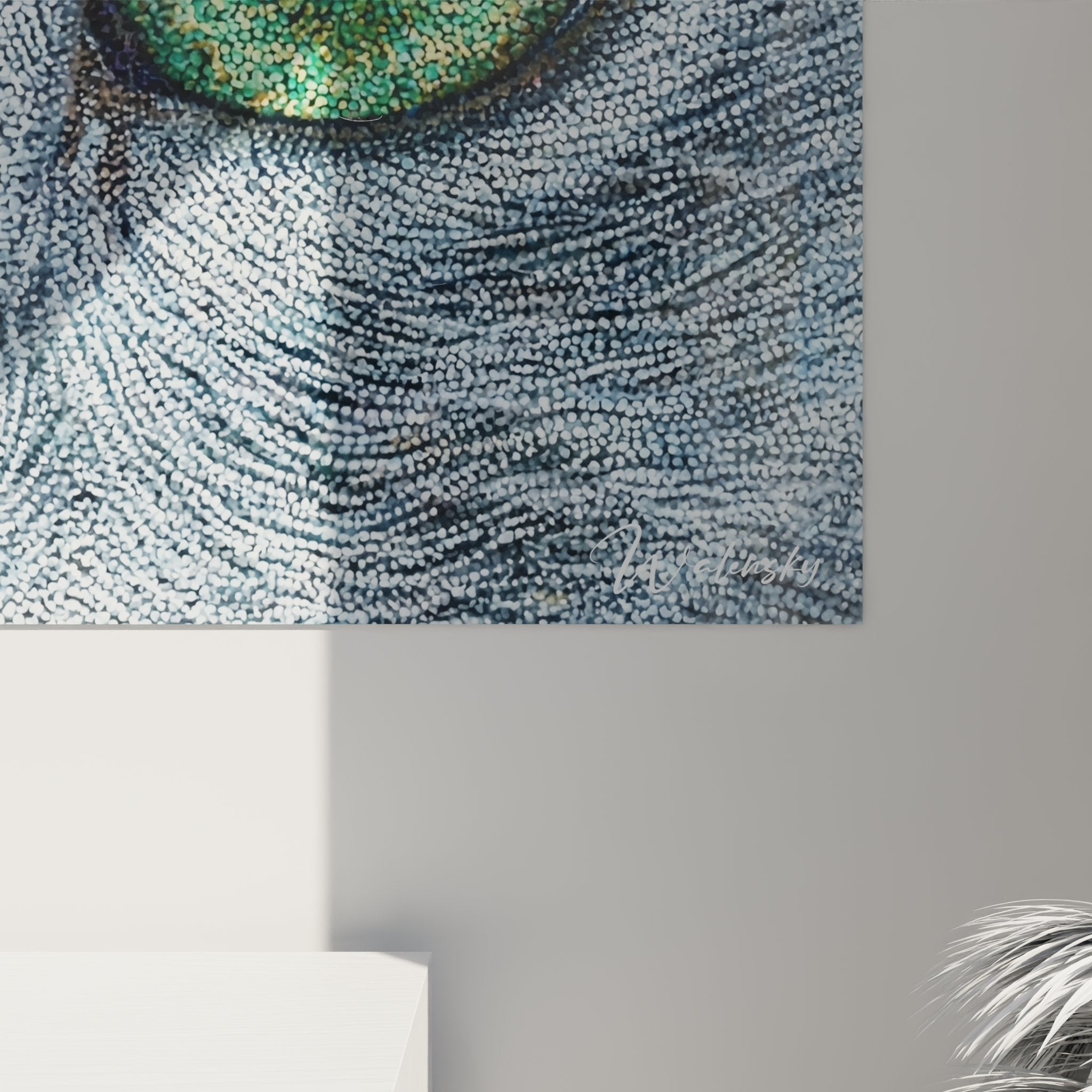 Vue d'ensemble du tableau yeux de chat Russian Blue, art mural felin pour decoration interieure moderne