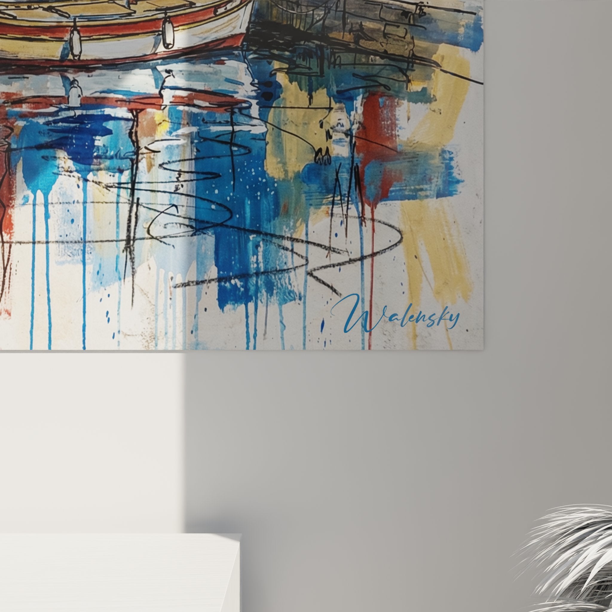 Vue d'ensemble tableau aquarelle Bastia, art mural corse moderne aux couleurs méditerranéennes vives