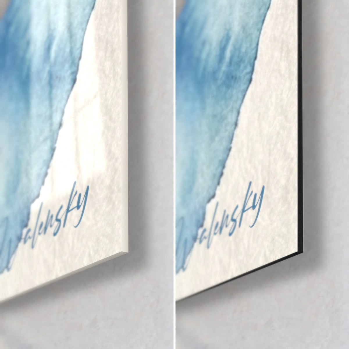 Tableau plongeur en aquarelle bleue, coin bas droit : signature Walensky sur papier crème, verre brillant à gauche, Dibond mat à droite