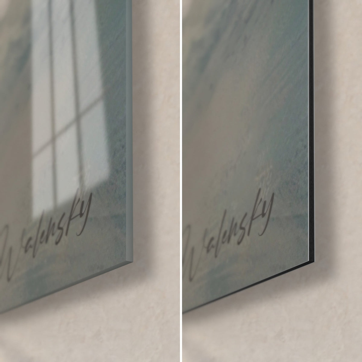 Gemälde eines Riders auf dem Brett, untere rechte Ecke mit glänzendem Acrylglas links und mattem Dibond-Alu rechts, 3 mm Kante, Signatur