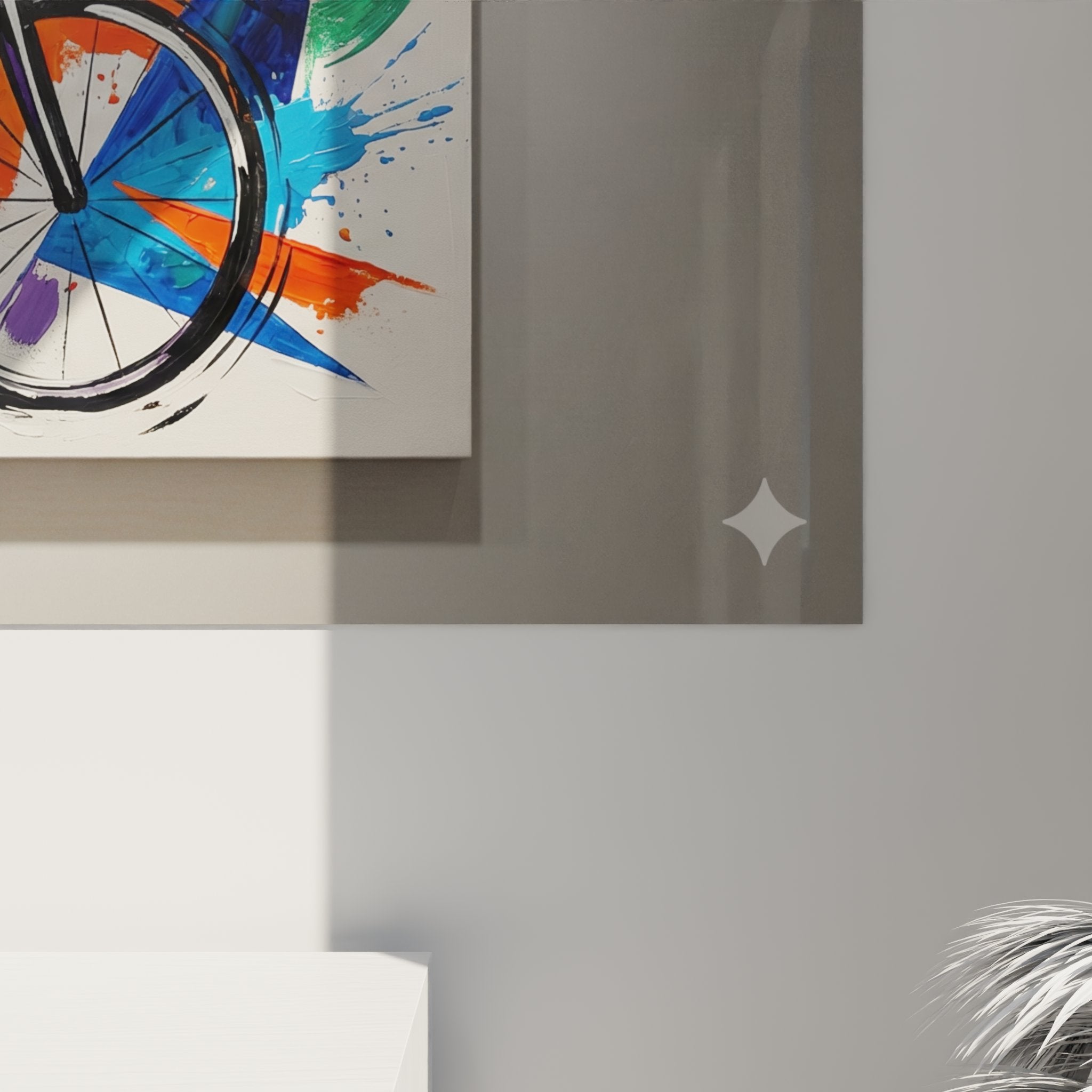 Vue d'ensemble toile décorative cyclisme abstrait accrochée au mur avec palette couleurs dynamiques VTT