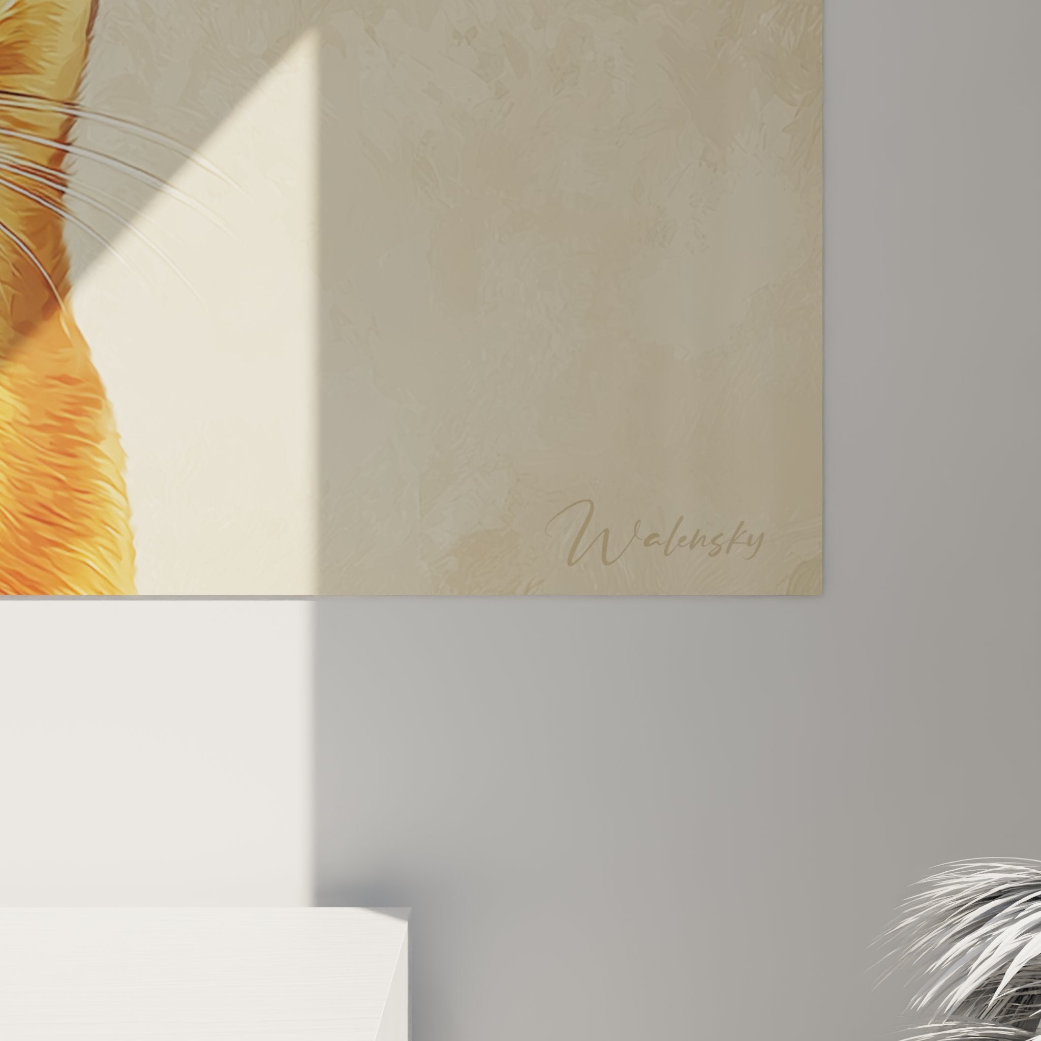 Overview of Abyssinian cat wall art in contemporary living room, artistic feline wall decoration