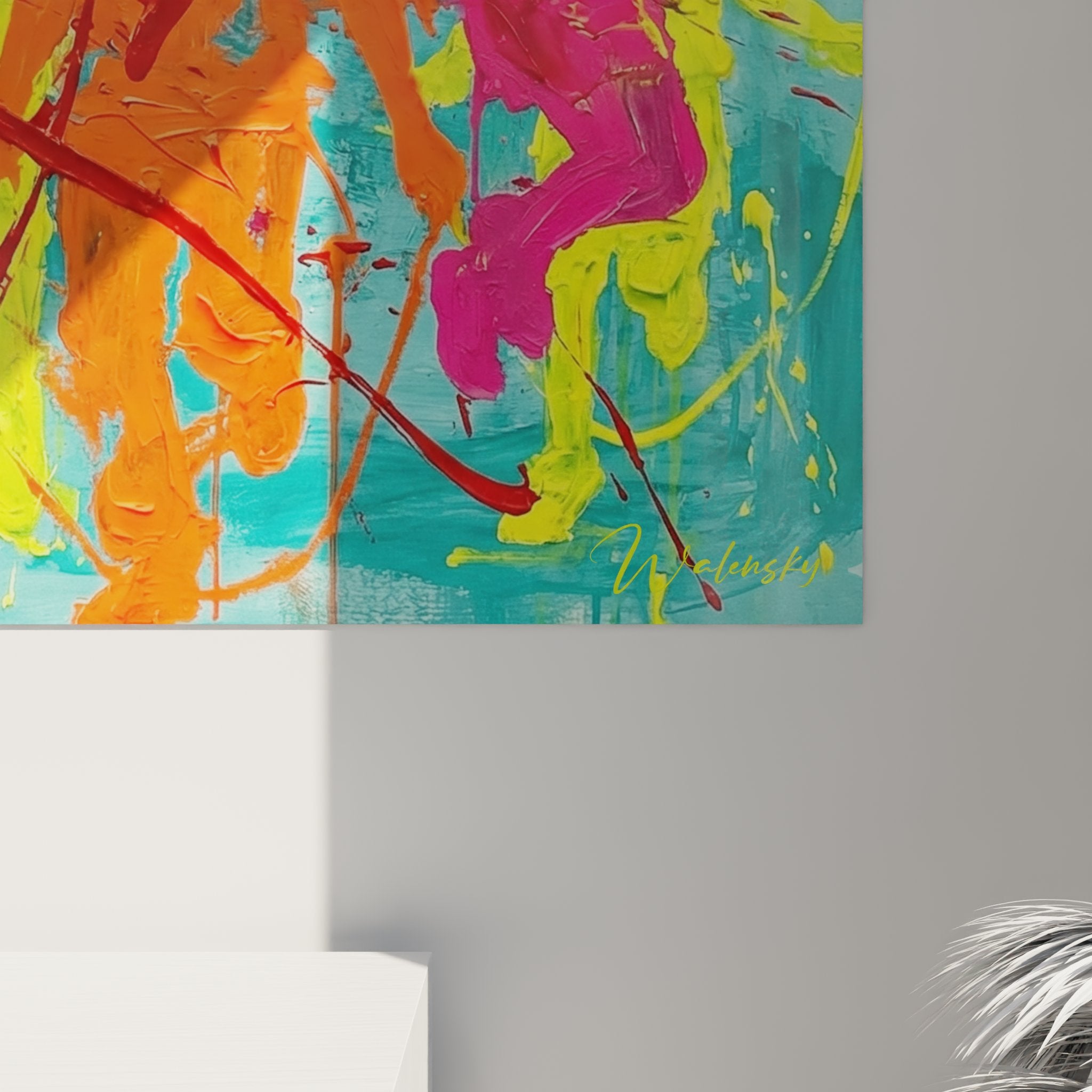 Overview of the multicolored abstract wall painting in a modern and bright interior