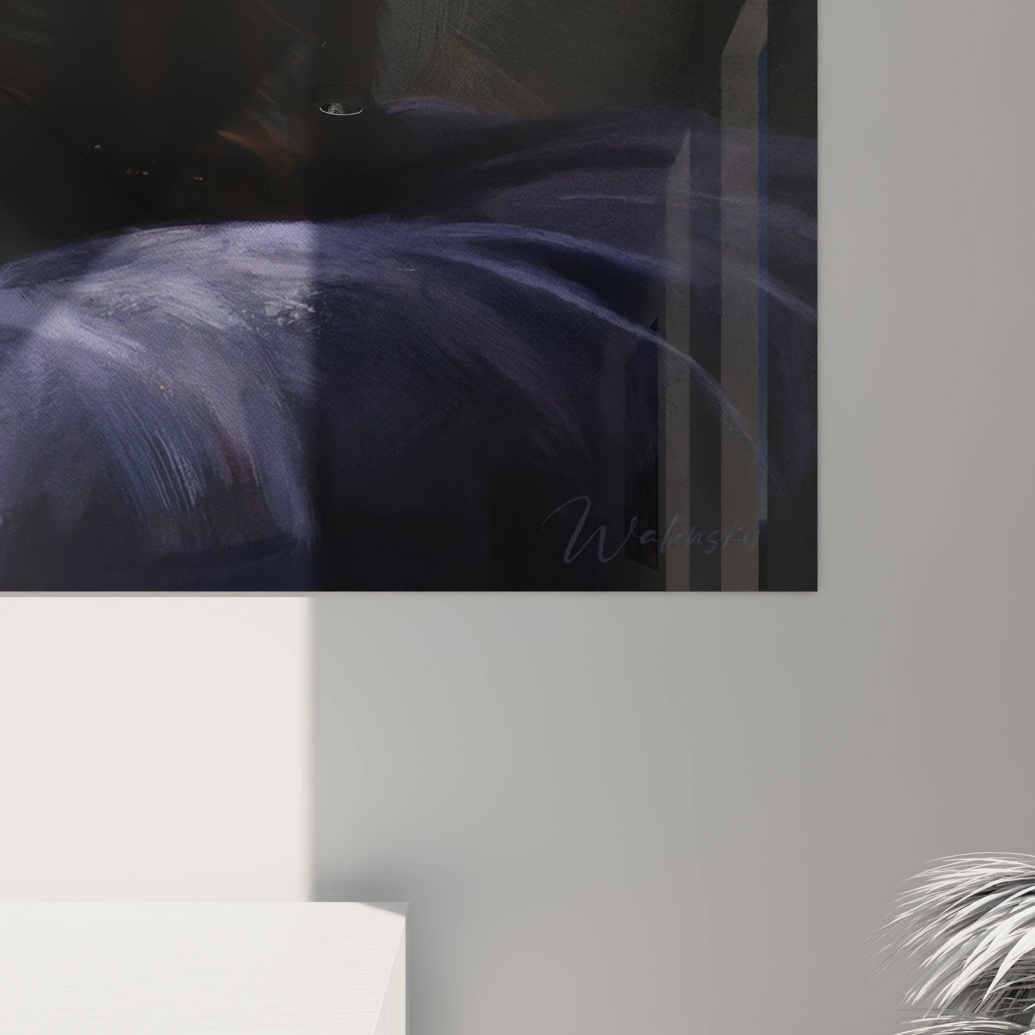 Vue d'ensemble tableau mural chat American Curl noir dans salon contemporain avec décoration raffinée