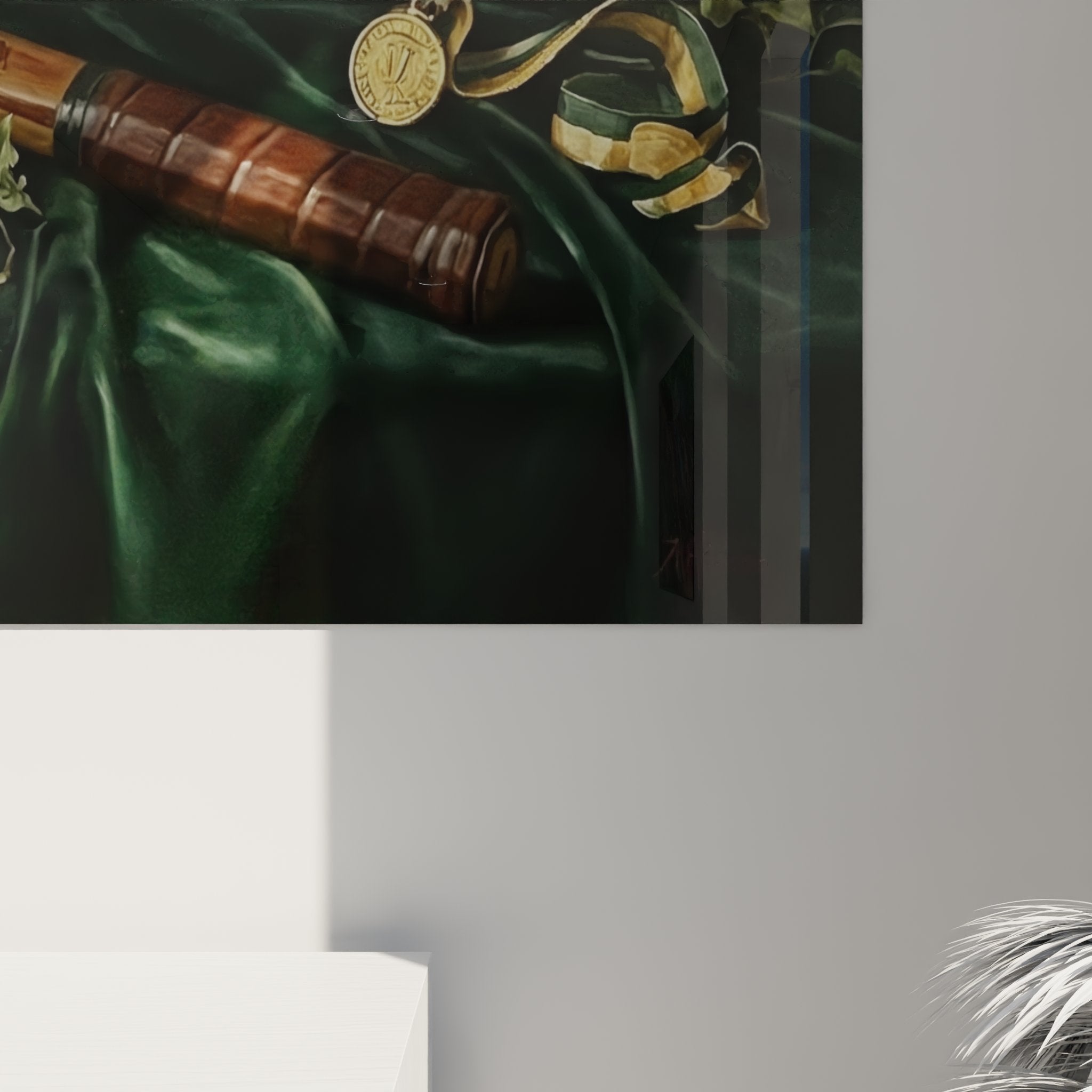 Vue ensemble tableau tennis nature morte raquettes vintage et lierre, parfait pour decoration interieur sport