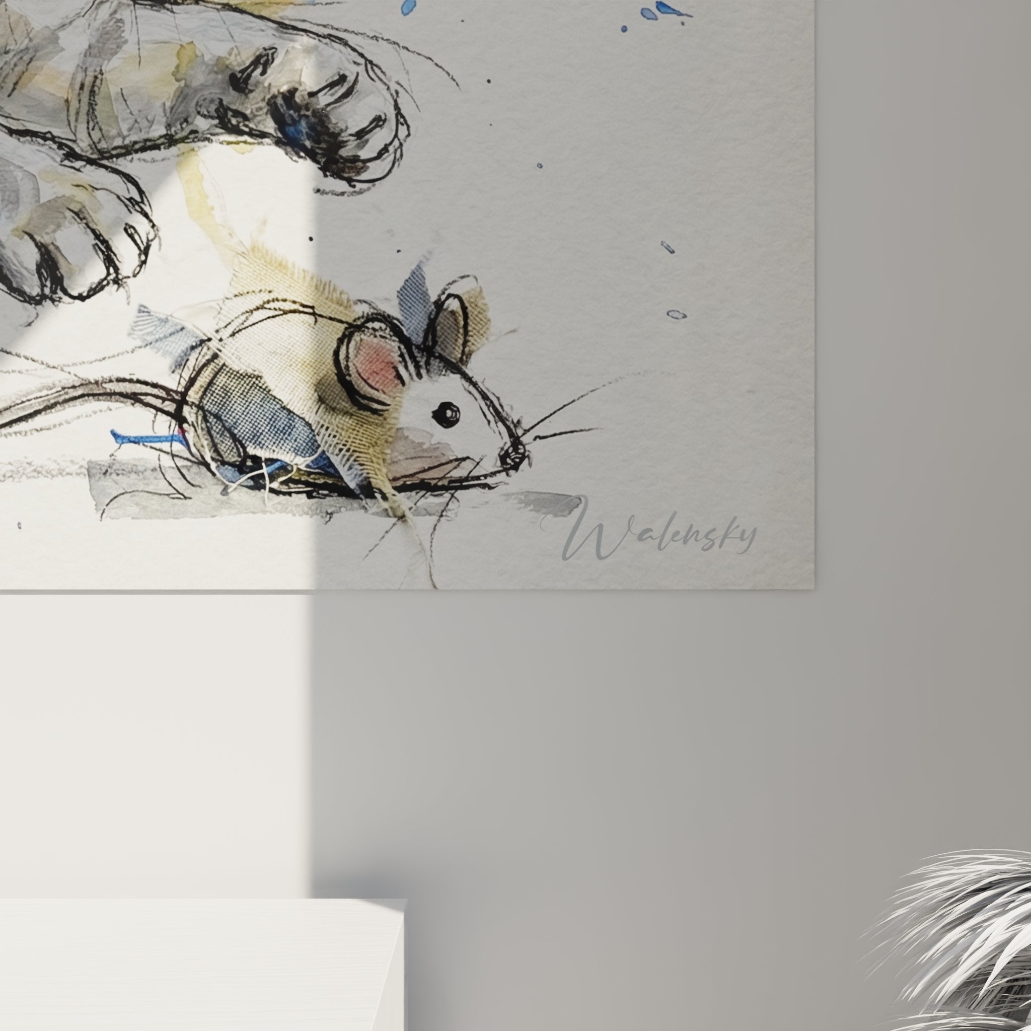 Vue ensemble tableau mural chat Burmilla chassant souris art animalier aquarelle decoration interieur