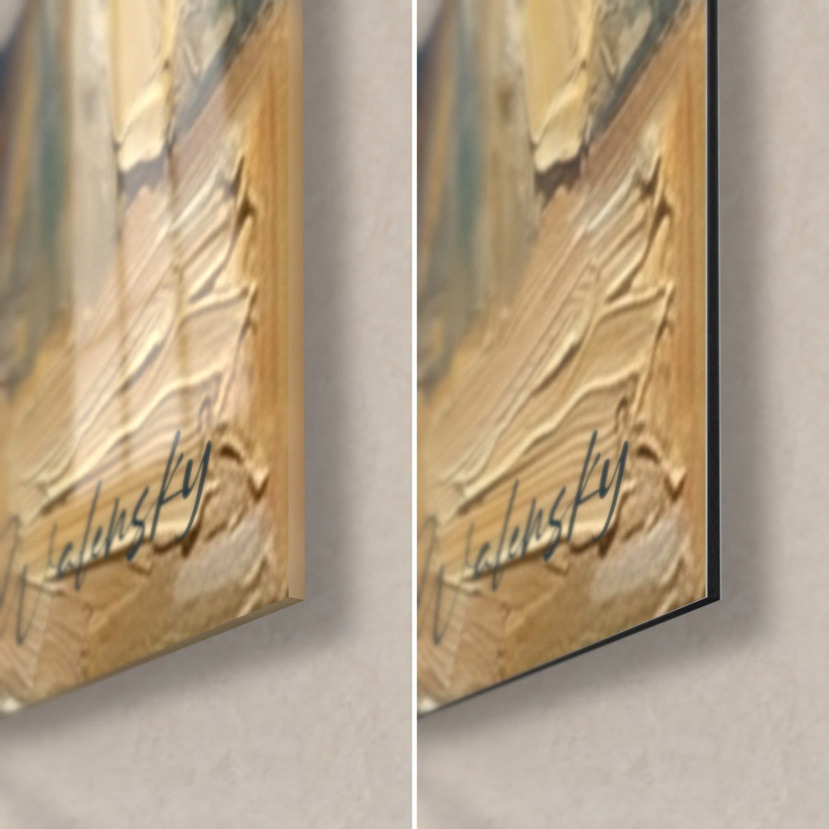 Tableau ballerines à l'huile, coin bas droit : ocre empâté et signature Walensky, verre brillant à gauche, Dibond mat à droite