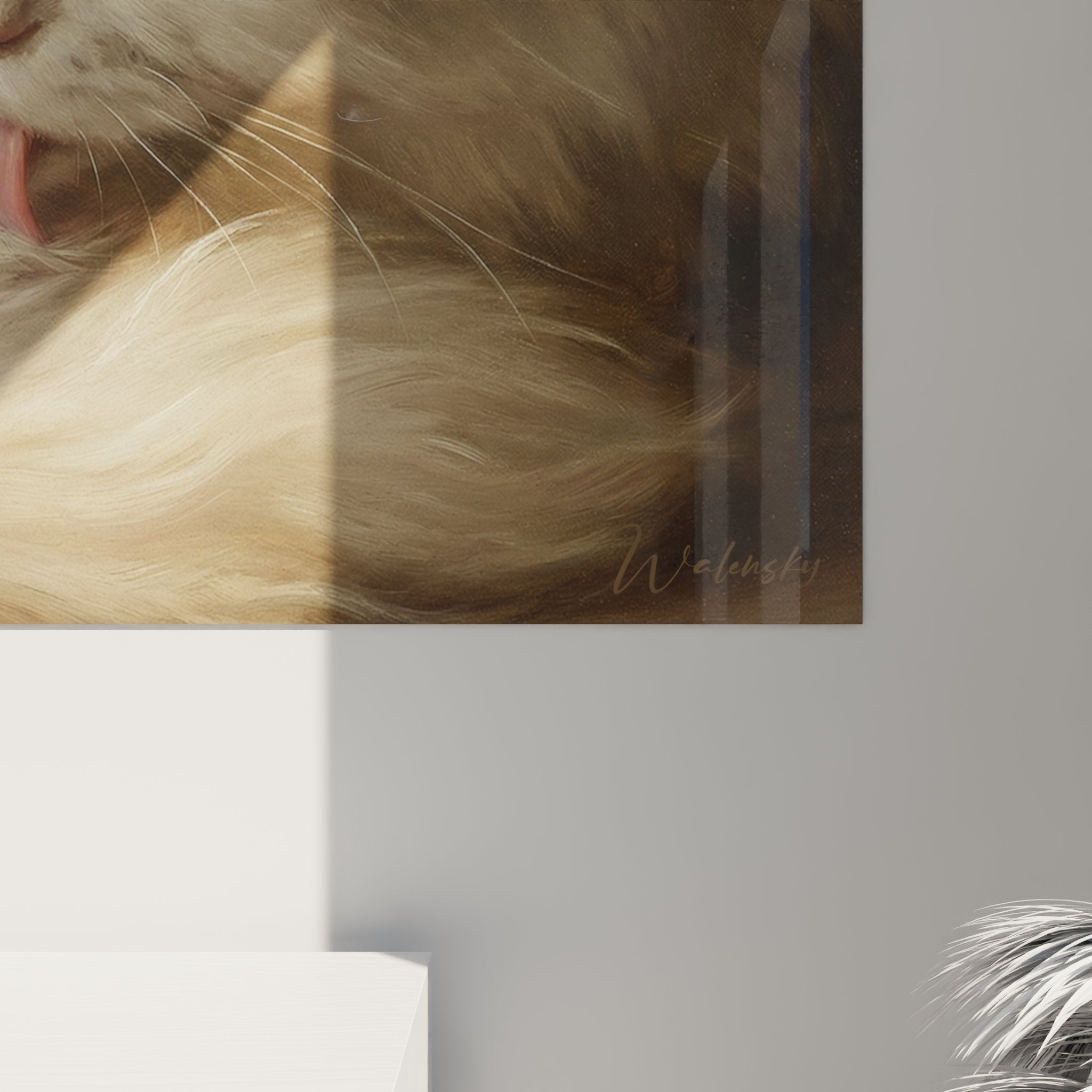 Overview Persian cat grooming wall art, decorative mural artwork, realistic artistic style, warm tones