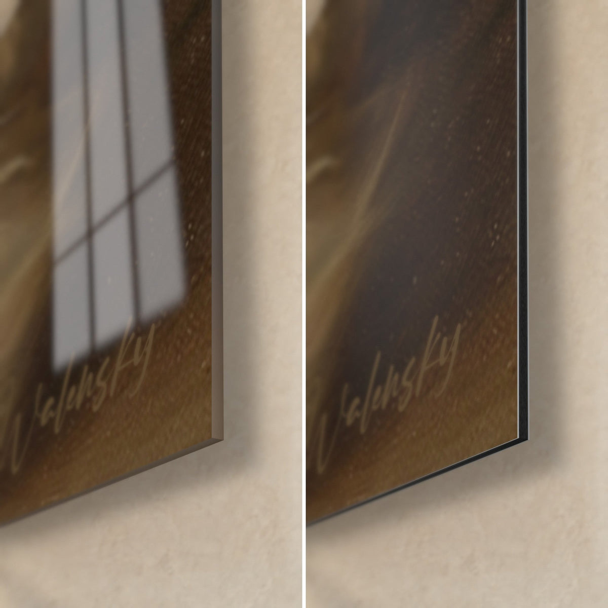 Quadro gatto crema, angolo in basso a destra: vetro acrilico lucido con riflessi e alluminio Dibond opaco, bordo nero da 3 mm, marrone scuro