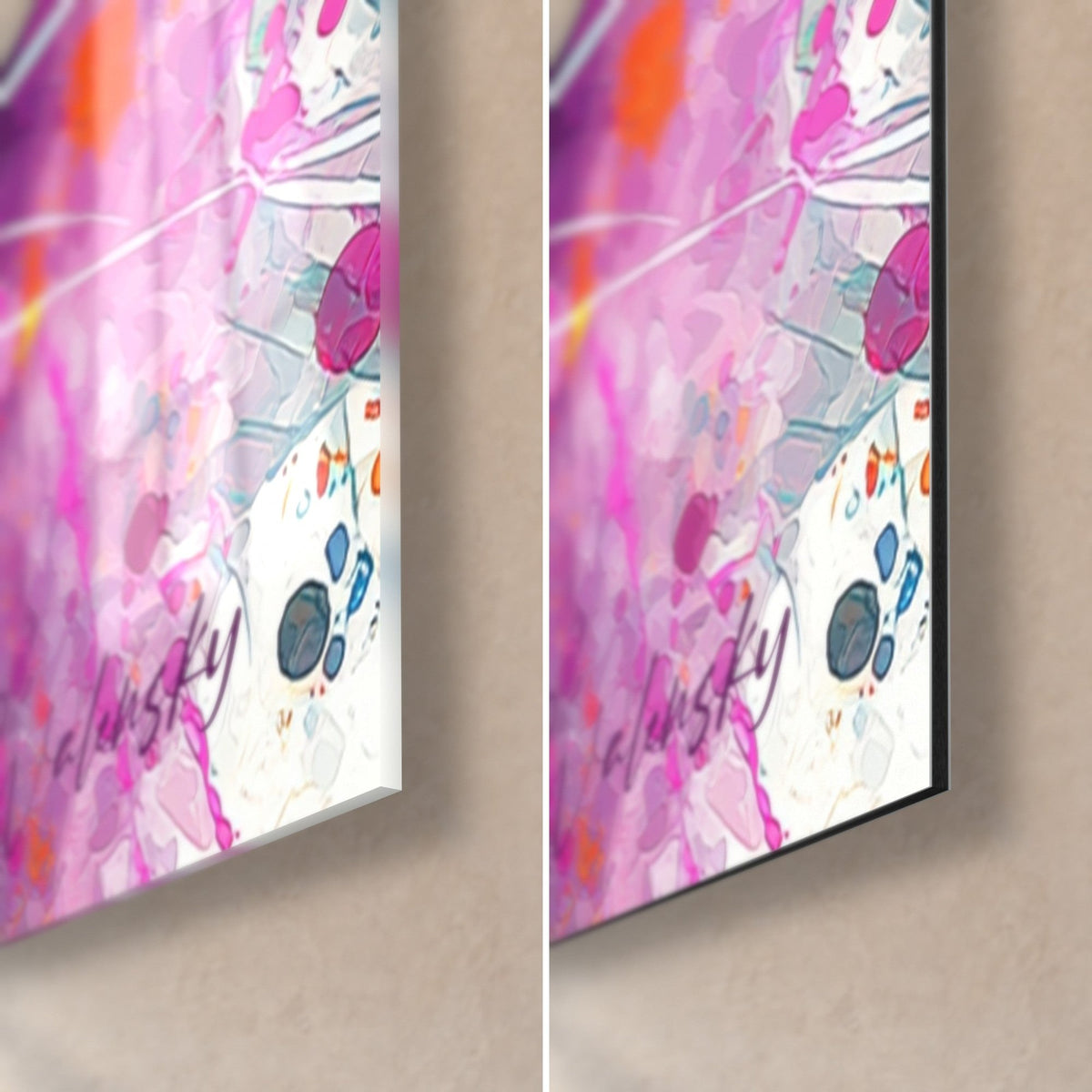 Tableau portrait de chat multicolore, coin bas droit : moustaches blanches et éclaboussures roses, verre brillant et Dibond mat
